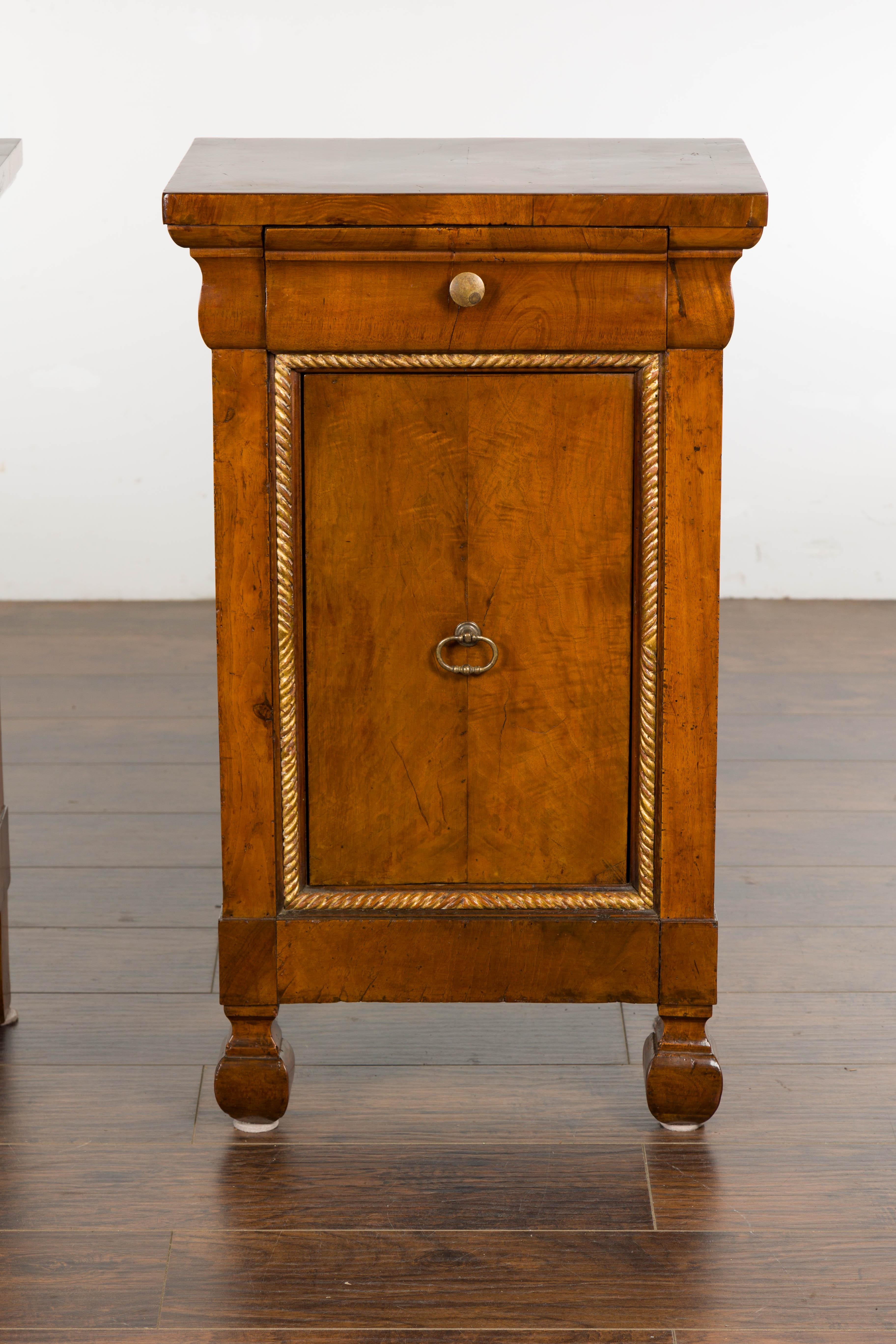 Brass 1800s Italian Walnut Bedside Cabinets with Giltwood Twisted Rope Motif, Pair For Sale
