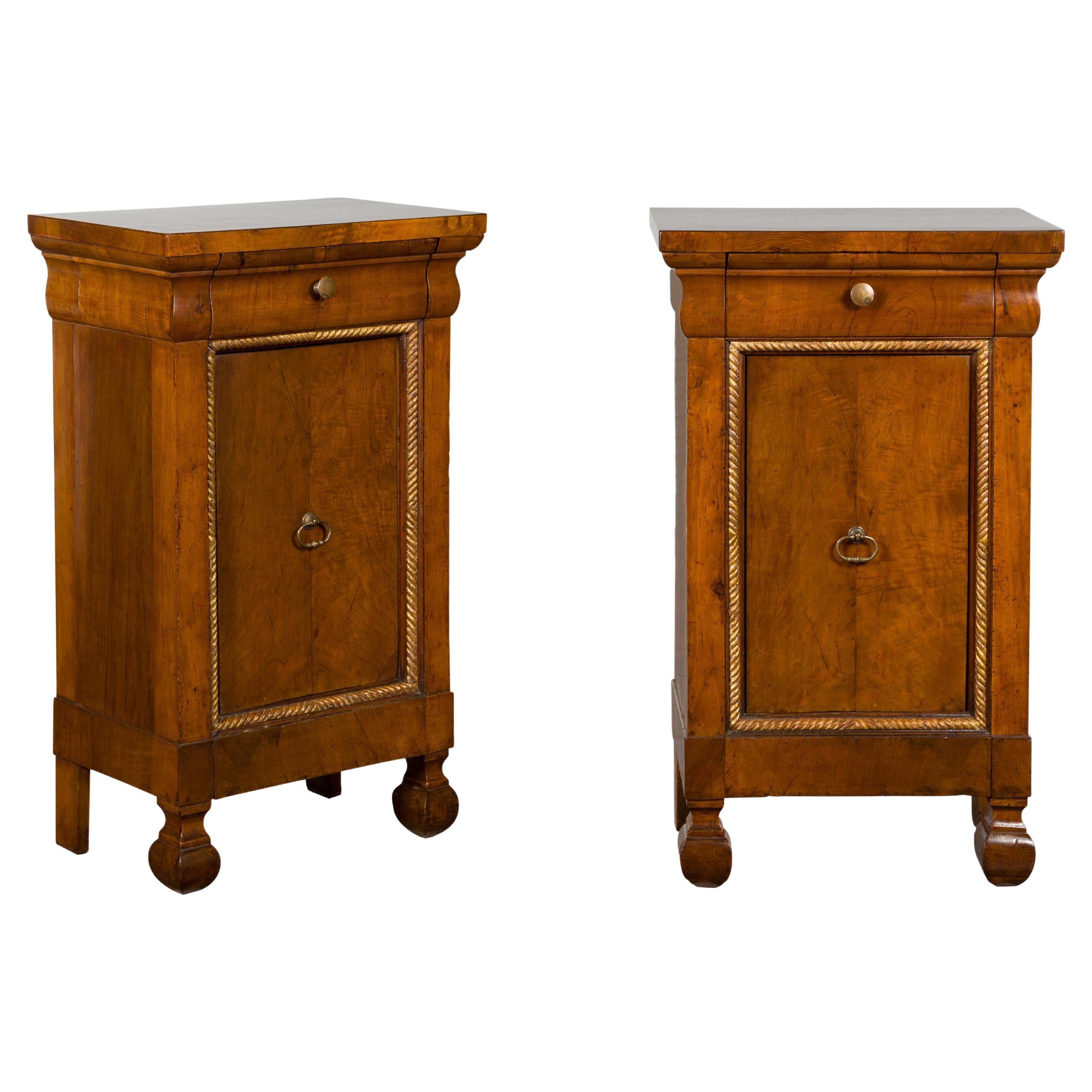 1800s Italian Walnut Bedside Cabinets with Giltwood Twisted Rope Motif, Pair For Sale