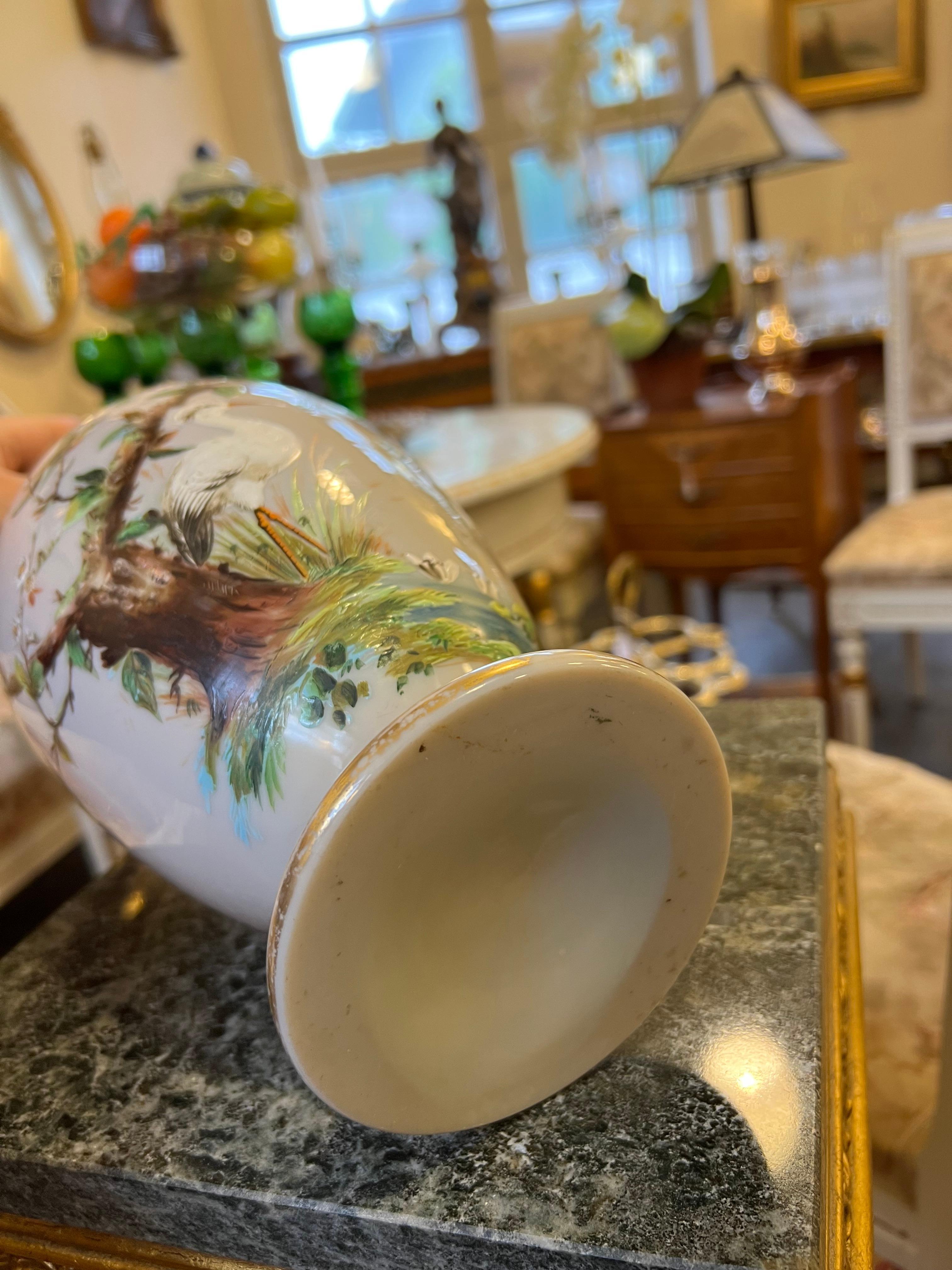 1800s Large BACCARAT Opaline Glass Vase, Hand Painted Enamelled Relief Motif For Sale 4