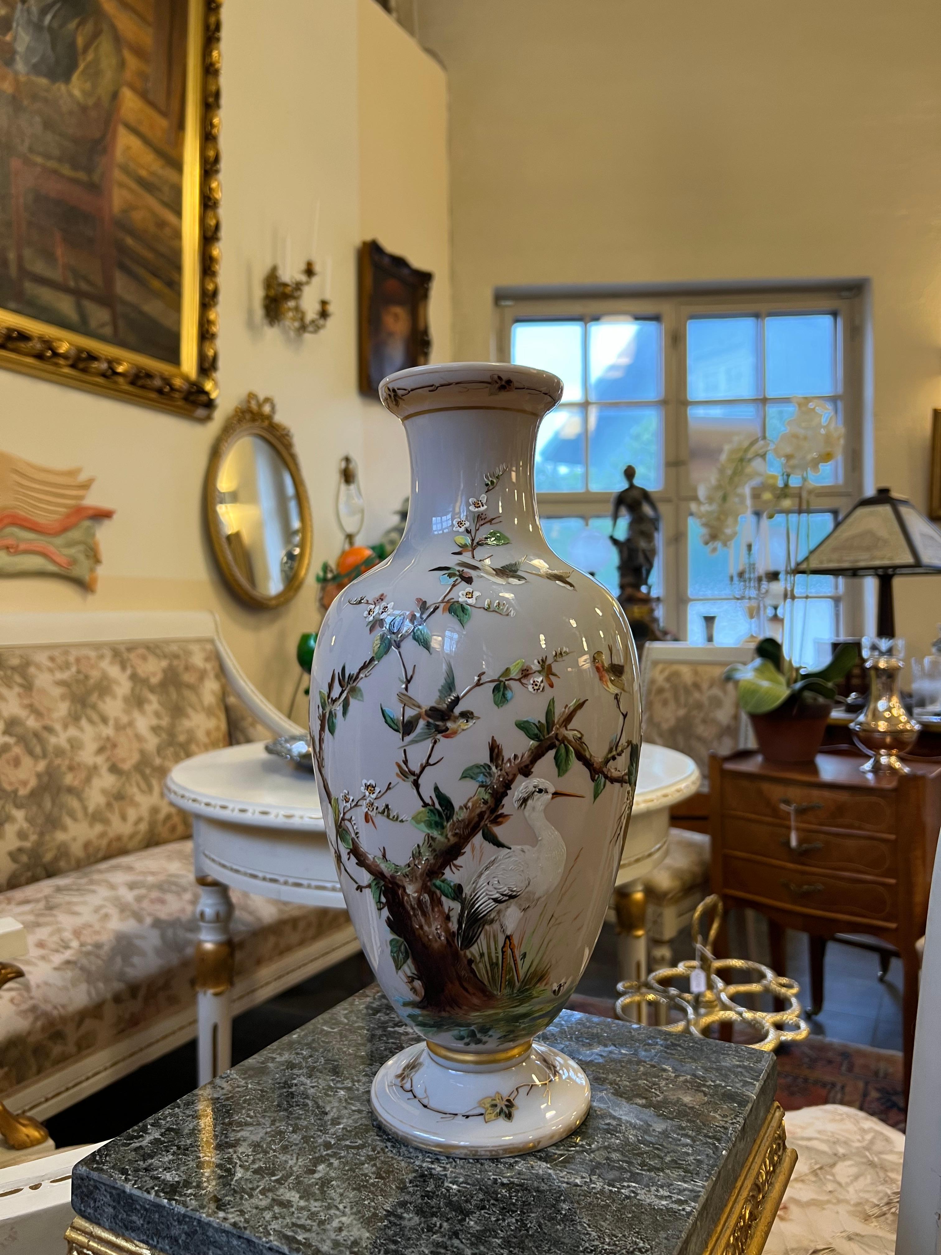 French 1800s Large BACCARAT Opaline Glass Vase, Hand Painted Enamelled Relief Motif For Sale