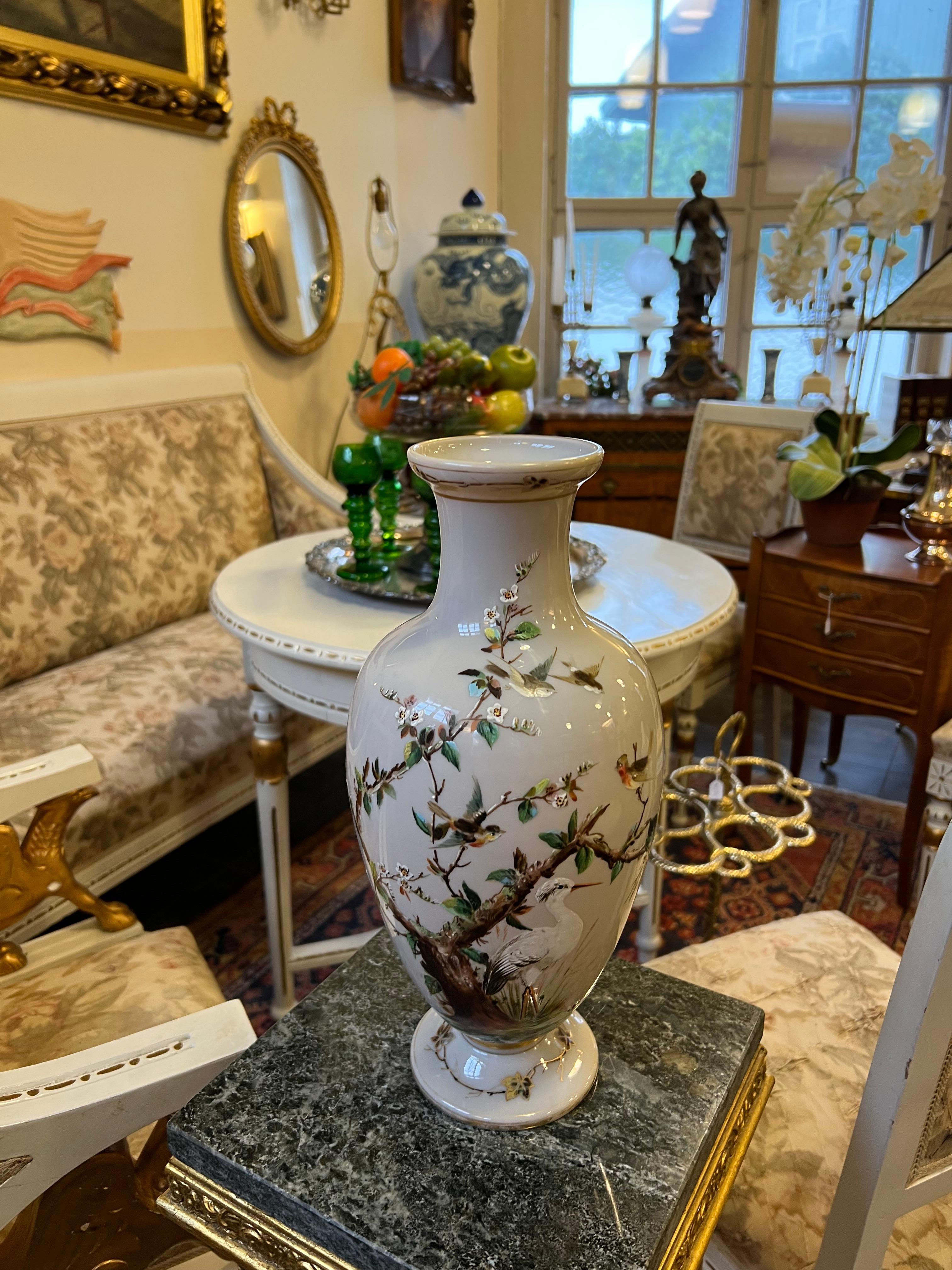 Hand-Crafted 1800s Large BACCARAT Opaline Glass Vase, Hand Painted Enamelled Relief Motif For Sale