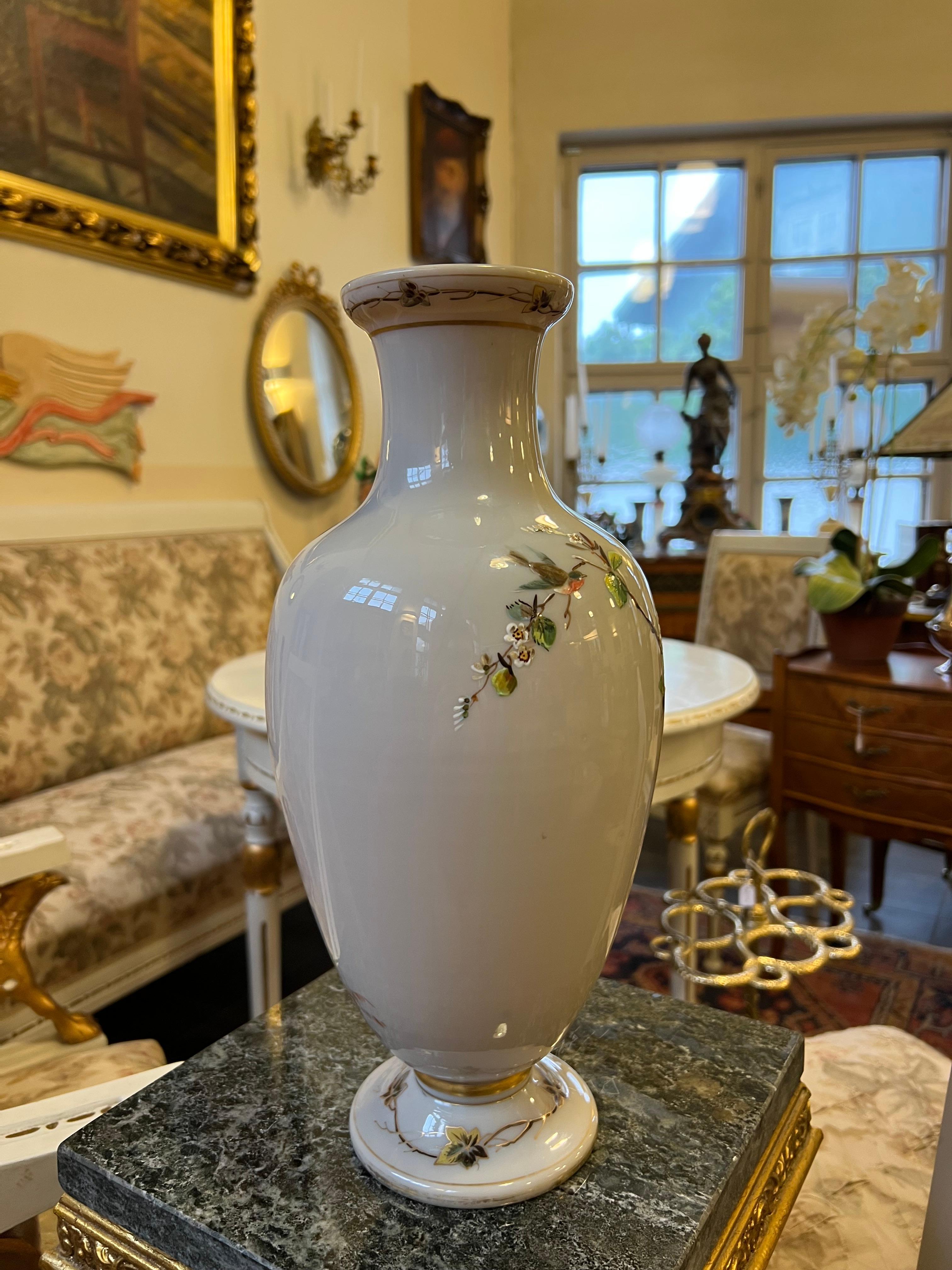 19th Century 1800s Large BACCARAT Opaline Glass Vase, Hand Painted Enamelled Relief Motif For Sale