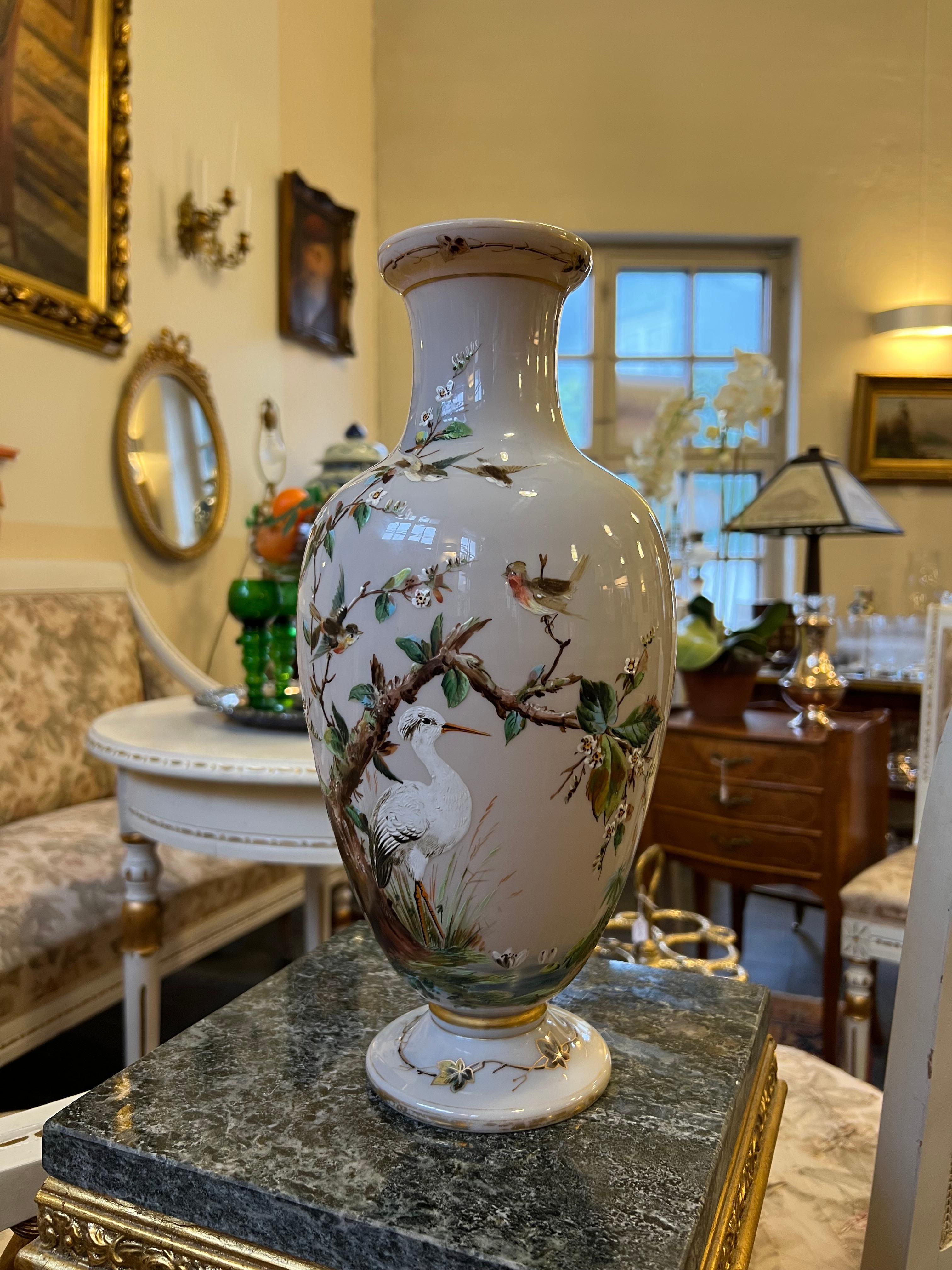 1800s Large BACCARAT Opaline Glass Vase, Hand Painted Enamelled Relief Motif For Sale 1