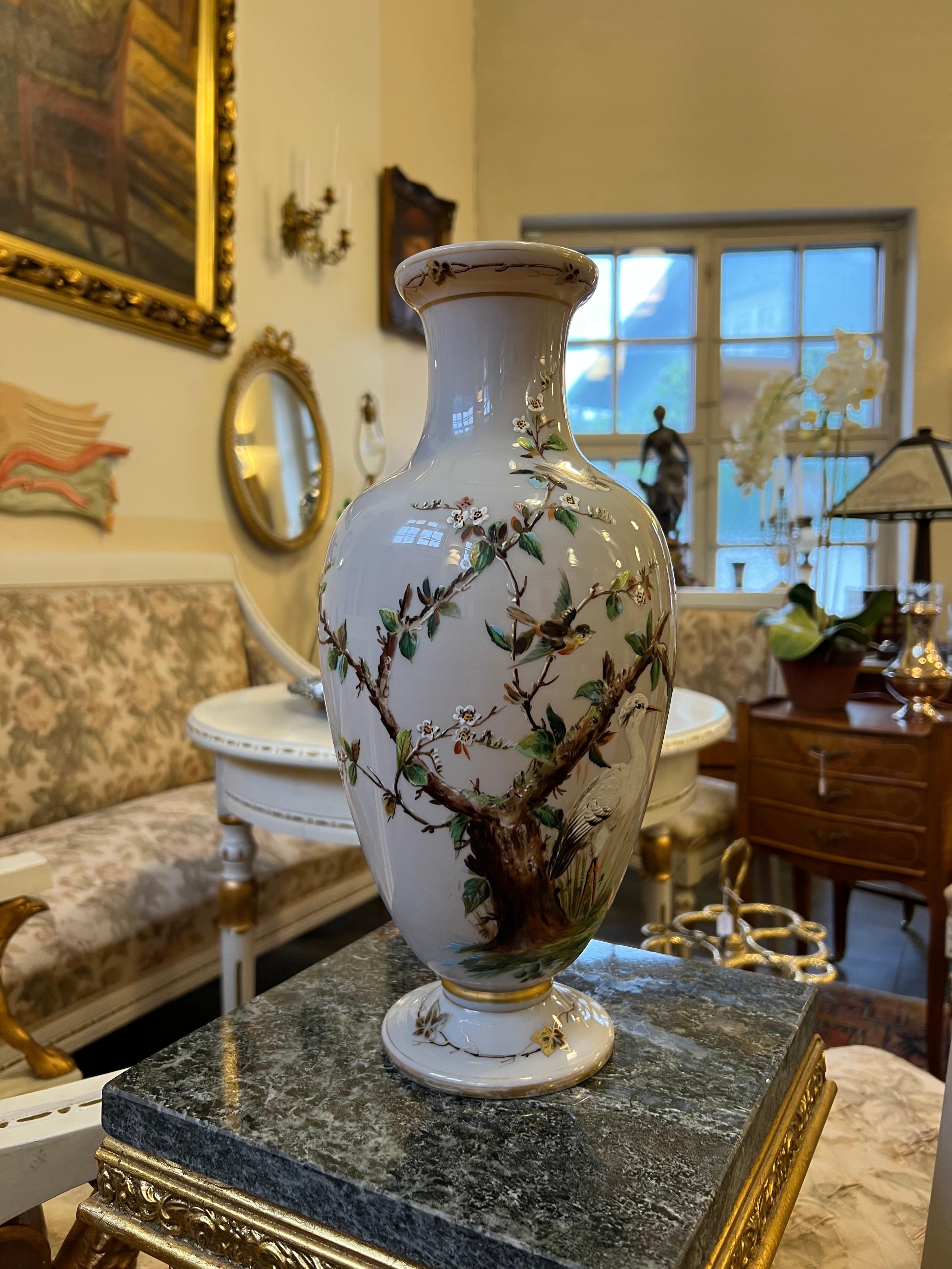 1800s Large BACCARAT Opaline Glass Vase, Hand Painted Enamelled Relief Motif For Sale 2