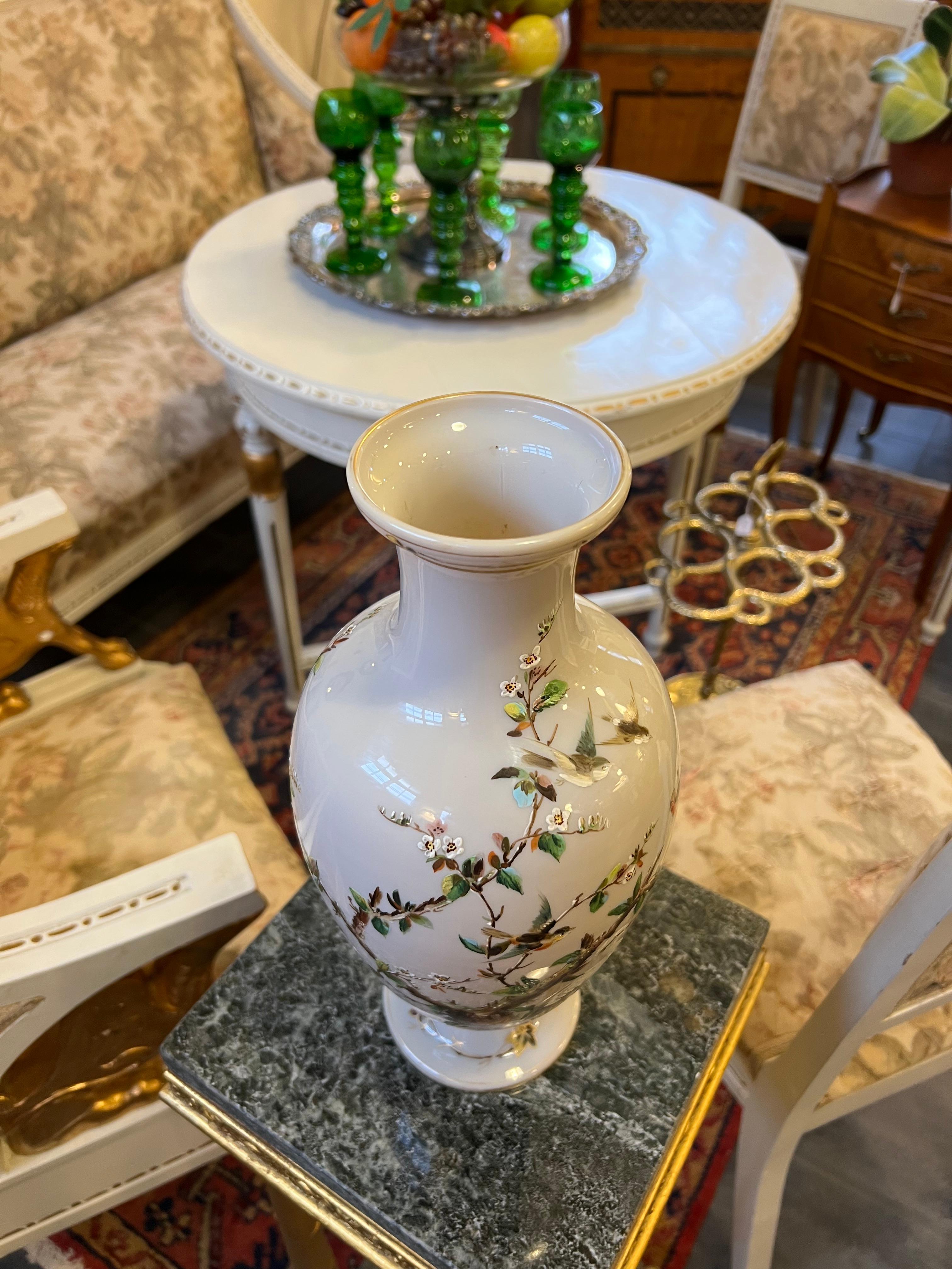 1800s Large BACCARAT Opaline Glass Vase, Hand Painted Enamelled Relief Motif For Sale 3