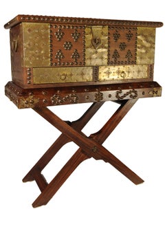 1800's Moorish Brass & Hardwood Decorative Box on Folding Brass Studded Stand
