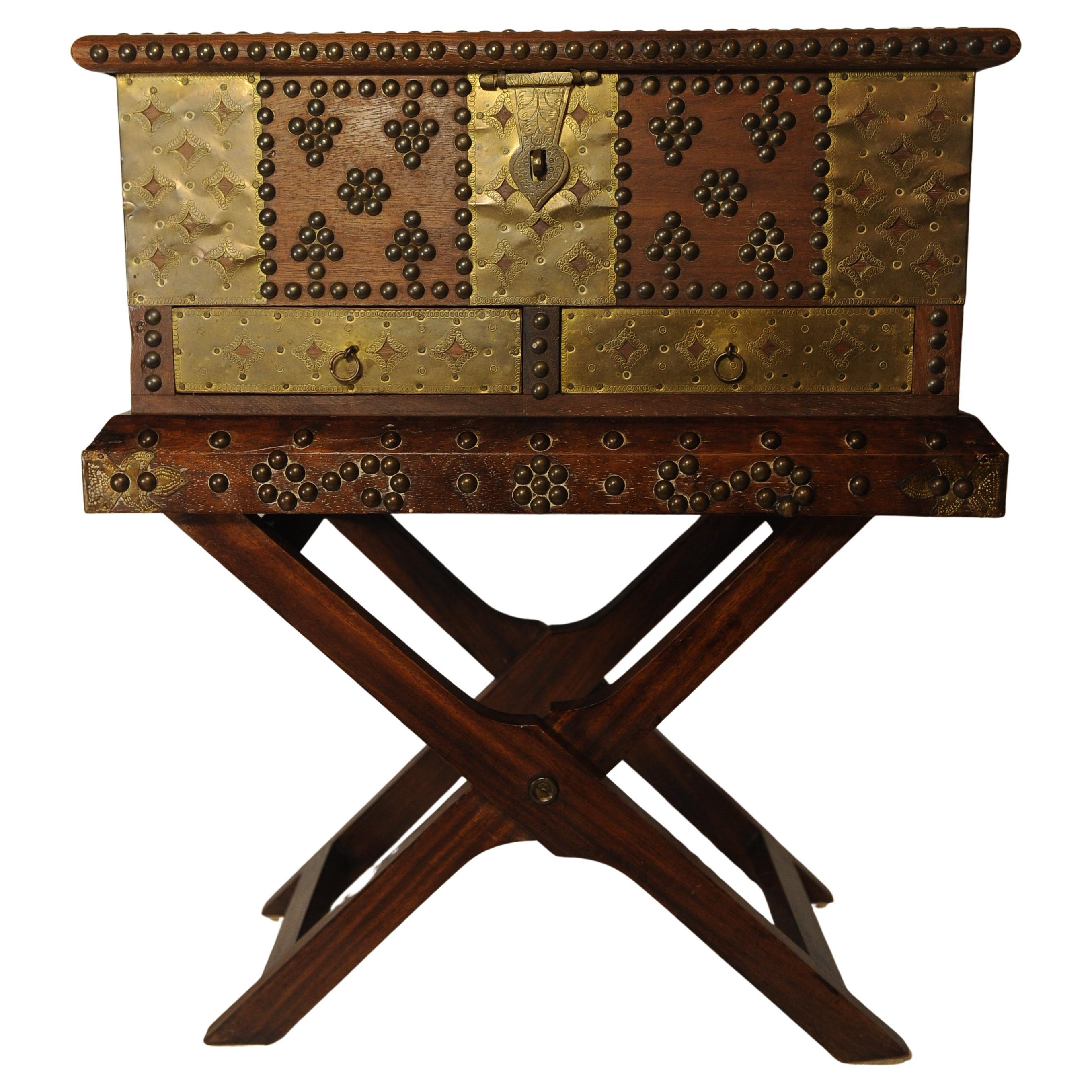 Zanzibari 1800's Moorish Brass & Hardwood Decorative Box on Folding Brass Studded Stand For Sale