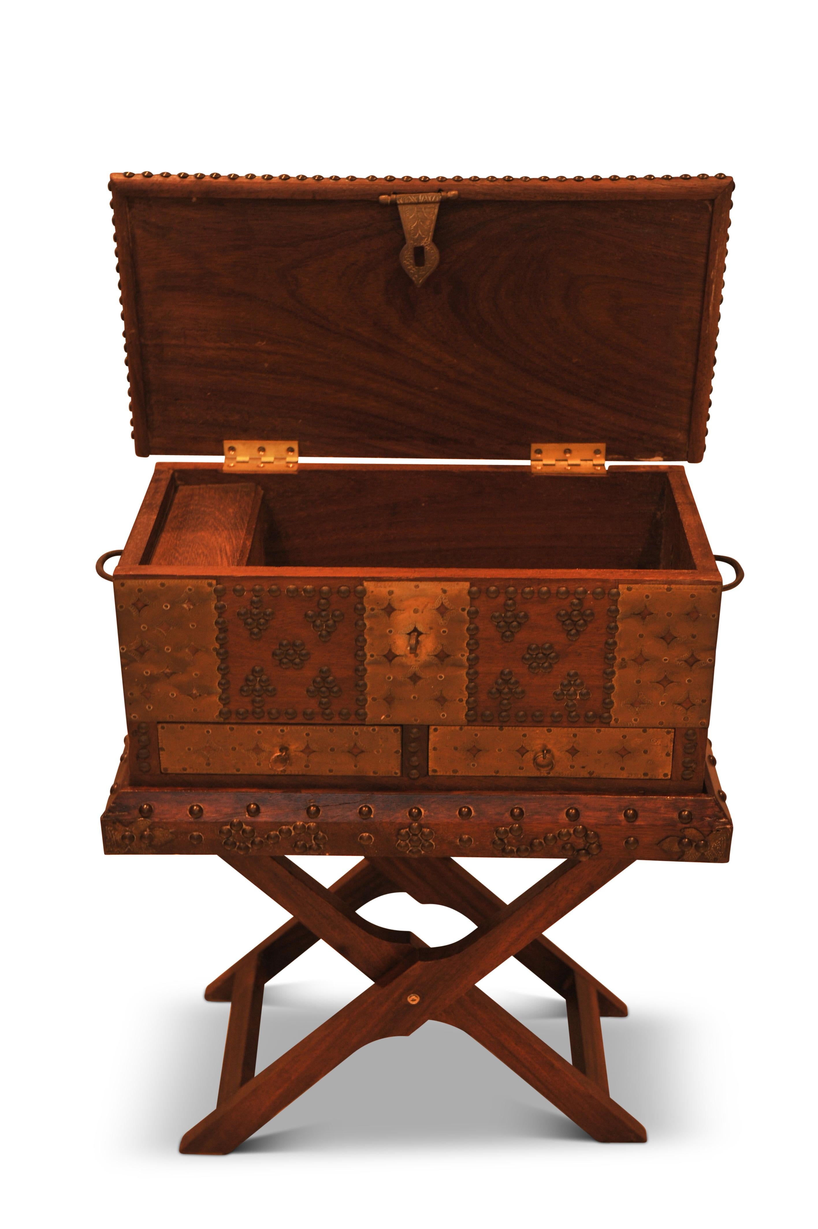 19th Century 1800's Moorish Brass & Hardwood Decorative Box on Folding Brass Studded Stand For Sale