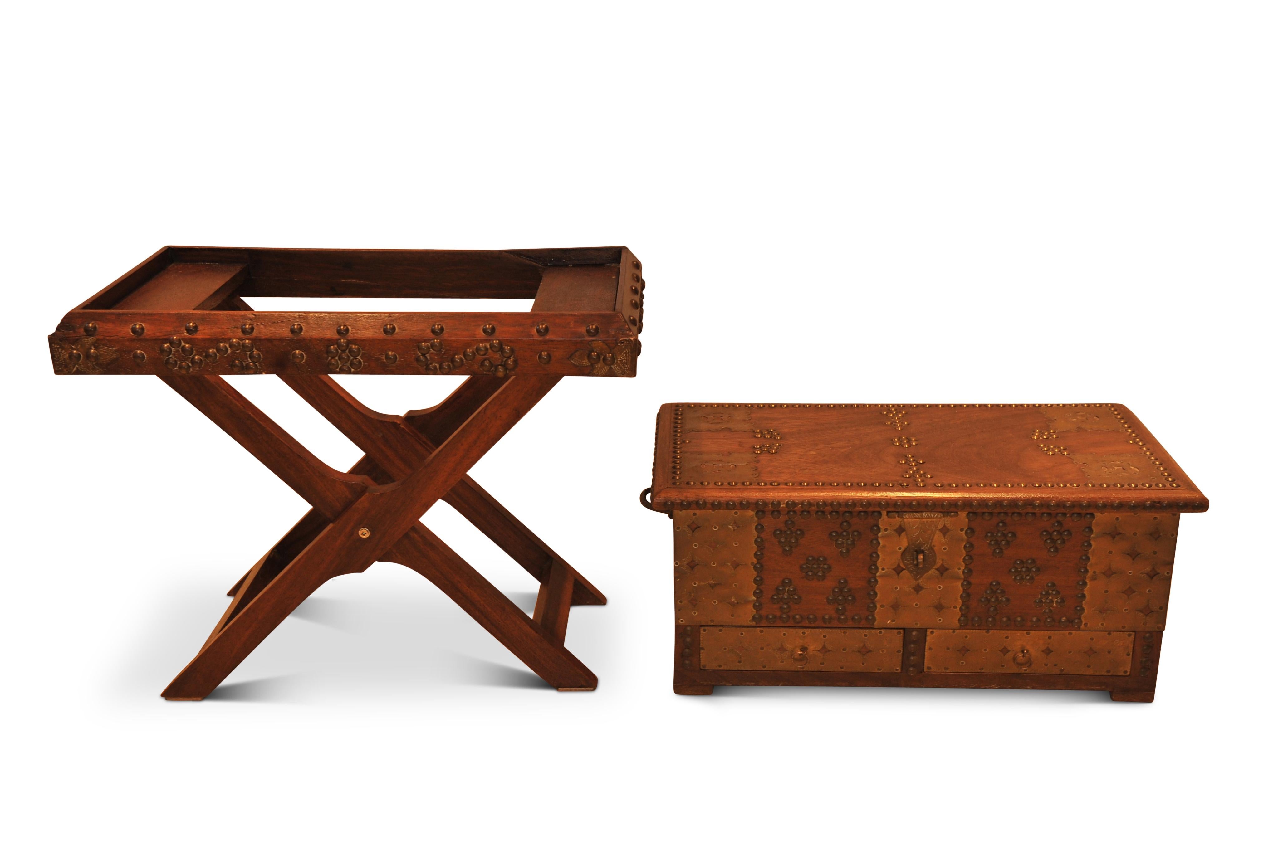 1800's Moorish Brass & Hardwood Decorative Box on Folding Brass Studded Stand For Sale 1