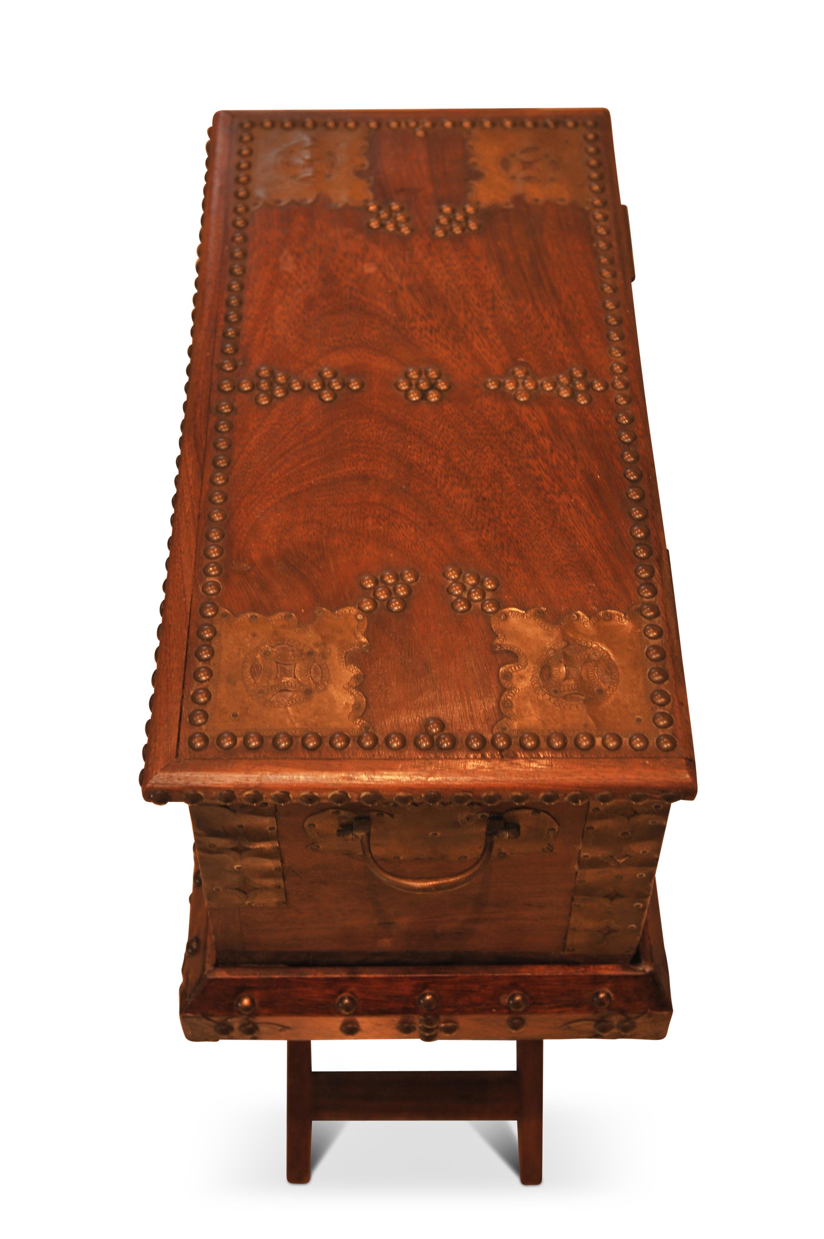 1800's Moorish Brass & Hardwood Decorative Box on Folding Brass Studded Stand For Sale 2