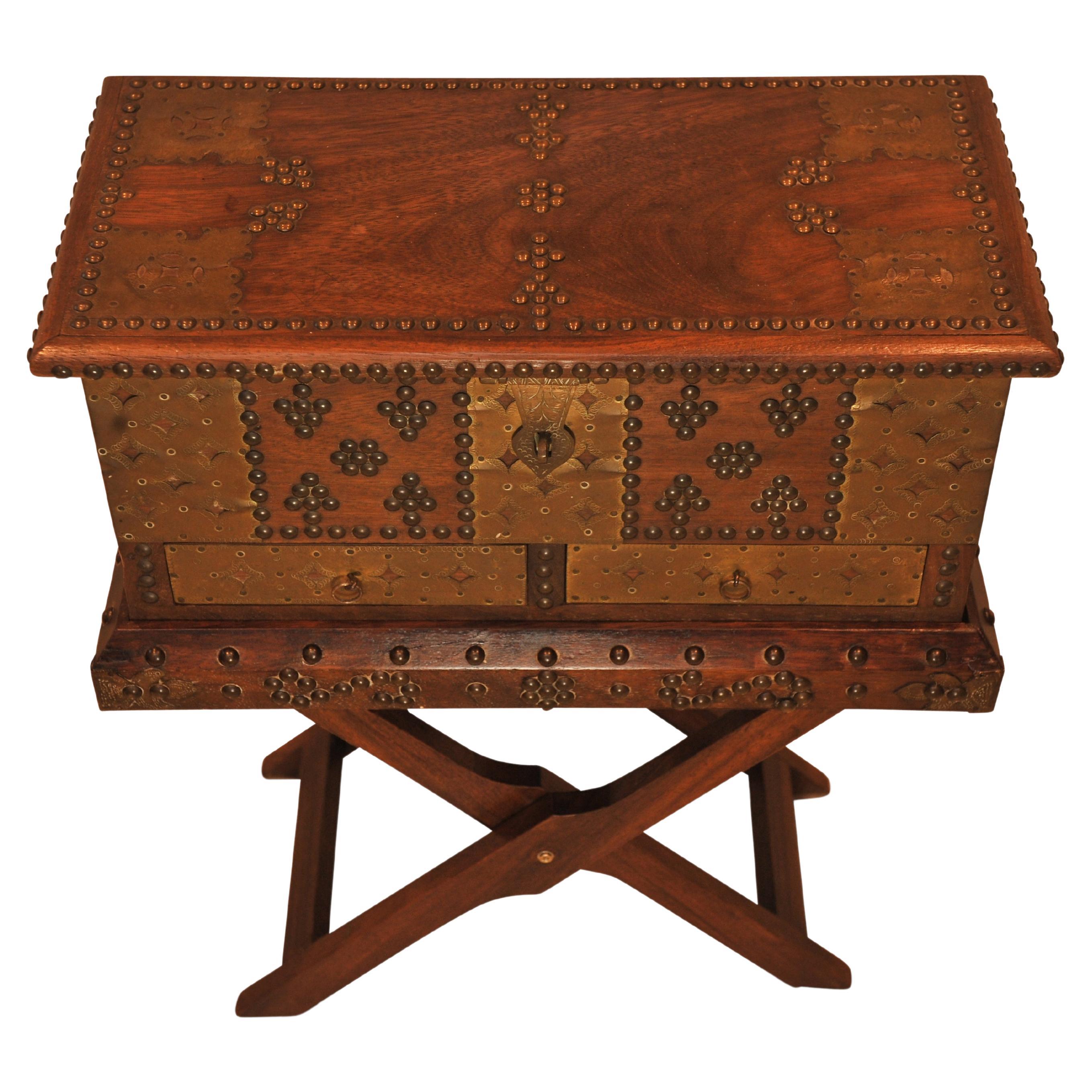 1800's Moorish Brass & Hardwood Decorative Box on Folding Brass Studded Stand For Sale