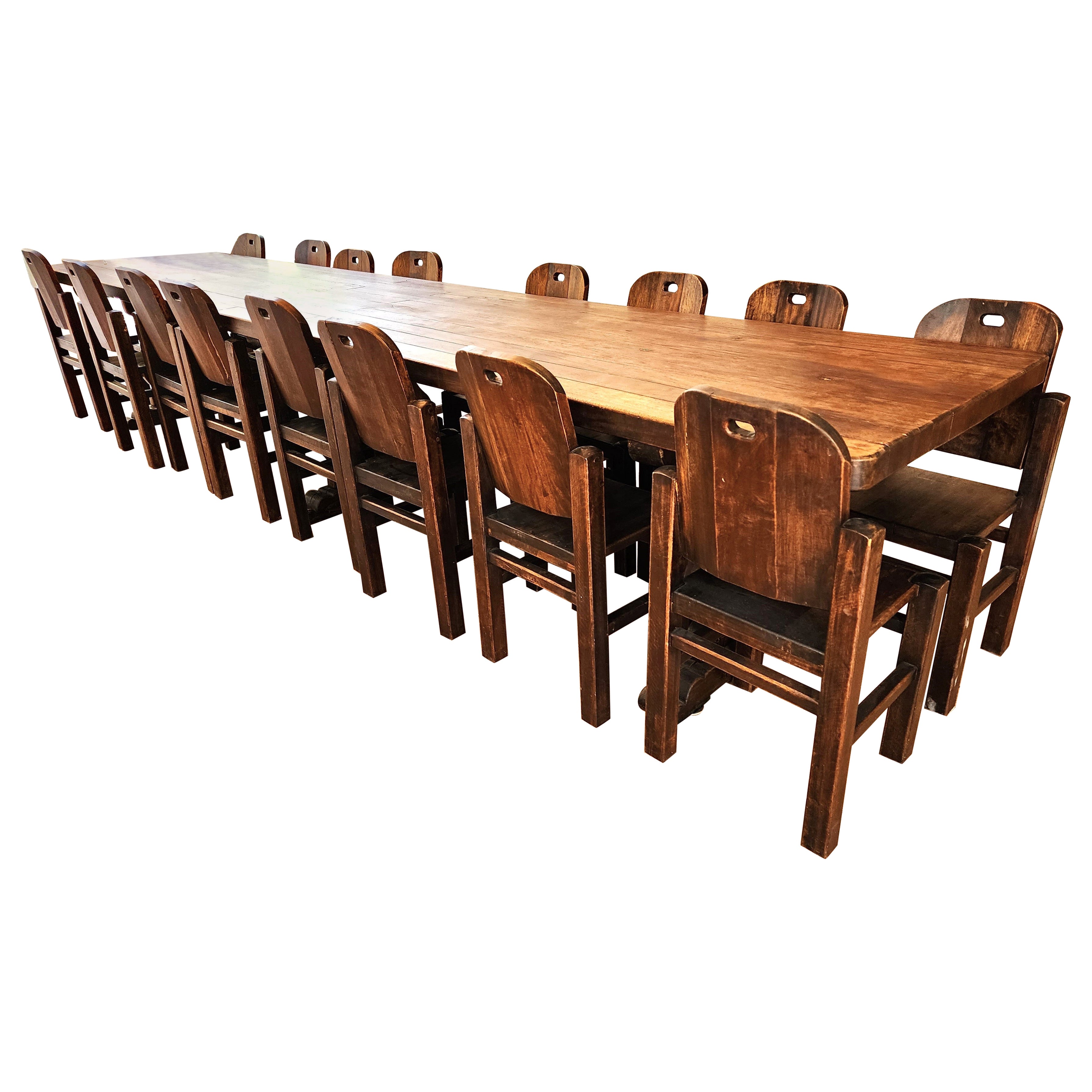 1800 Mesa de comedor de refectorio de roble con 16 sillas a juego 16 pies en venta