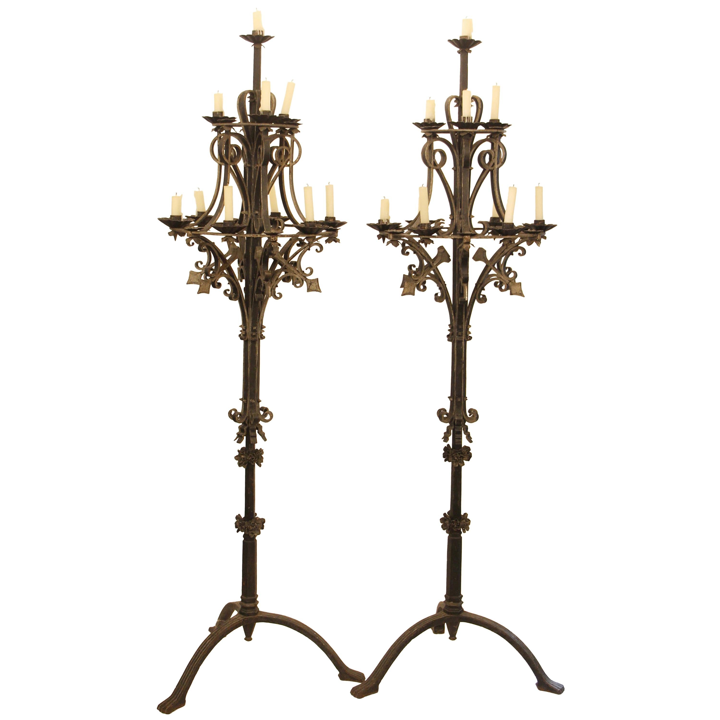 1800s Pair Hand Wrought Iron Candelabras Floral Floor Lamps 10-Light Each For Sale