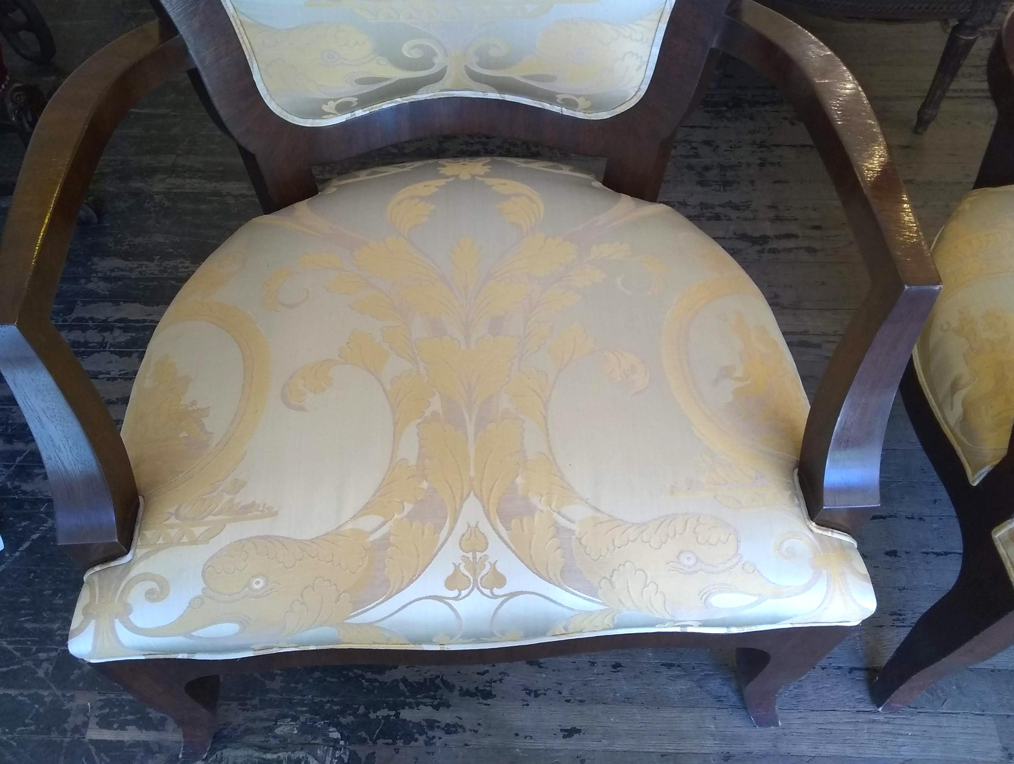 1800s Pair Ornate Dark Mahogany Armchairs Silk Upholstery In Good Condition For Sale In New York, NY