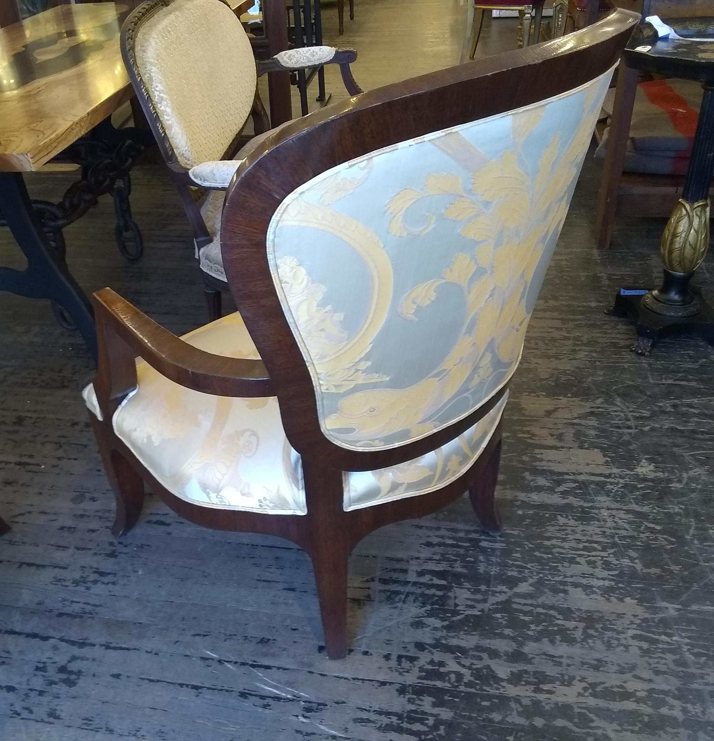 19th Century 1800s Pair Ornate Dark Mahogany Armchairs Silk Upholstery For Sale