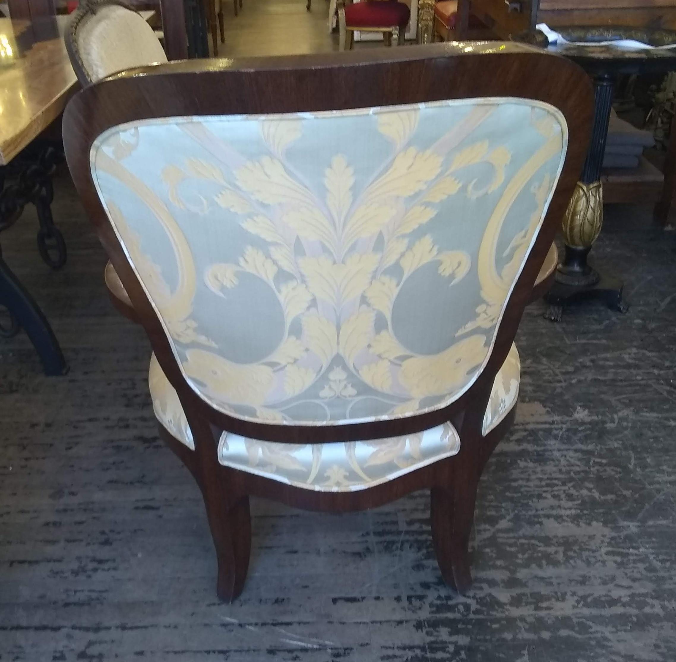 1800s Pair Ornate Dark Mahogany Armchairs Silk Upholstery For Sale 1