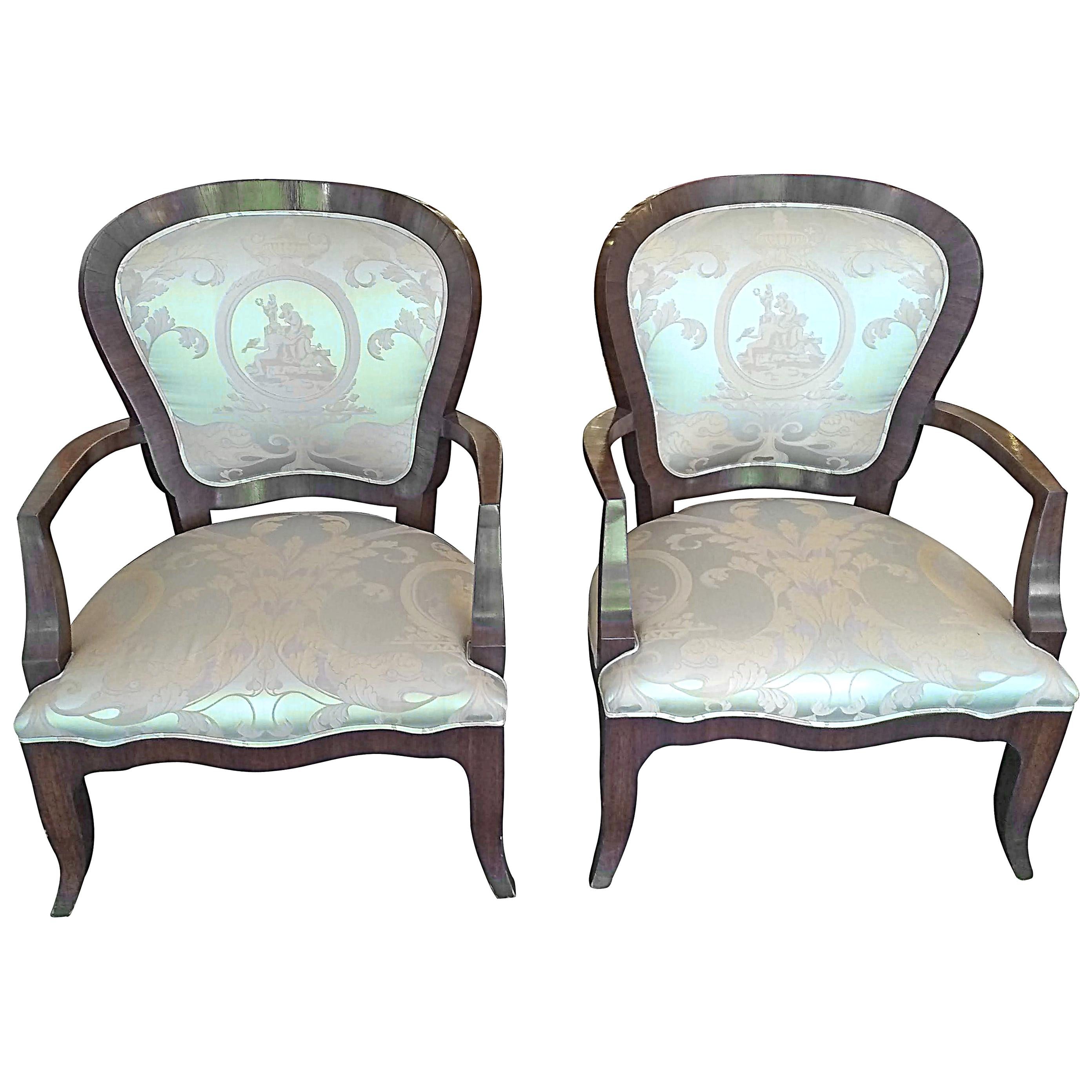 1800s Pair Ornate Dark Mahogany Armchairs Silk Upholstery