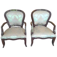 Antique 1800s Pair Ornate Dark Mahogany Armchairs Silk Upholstery