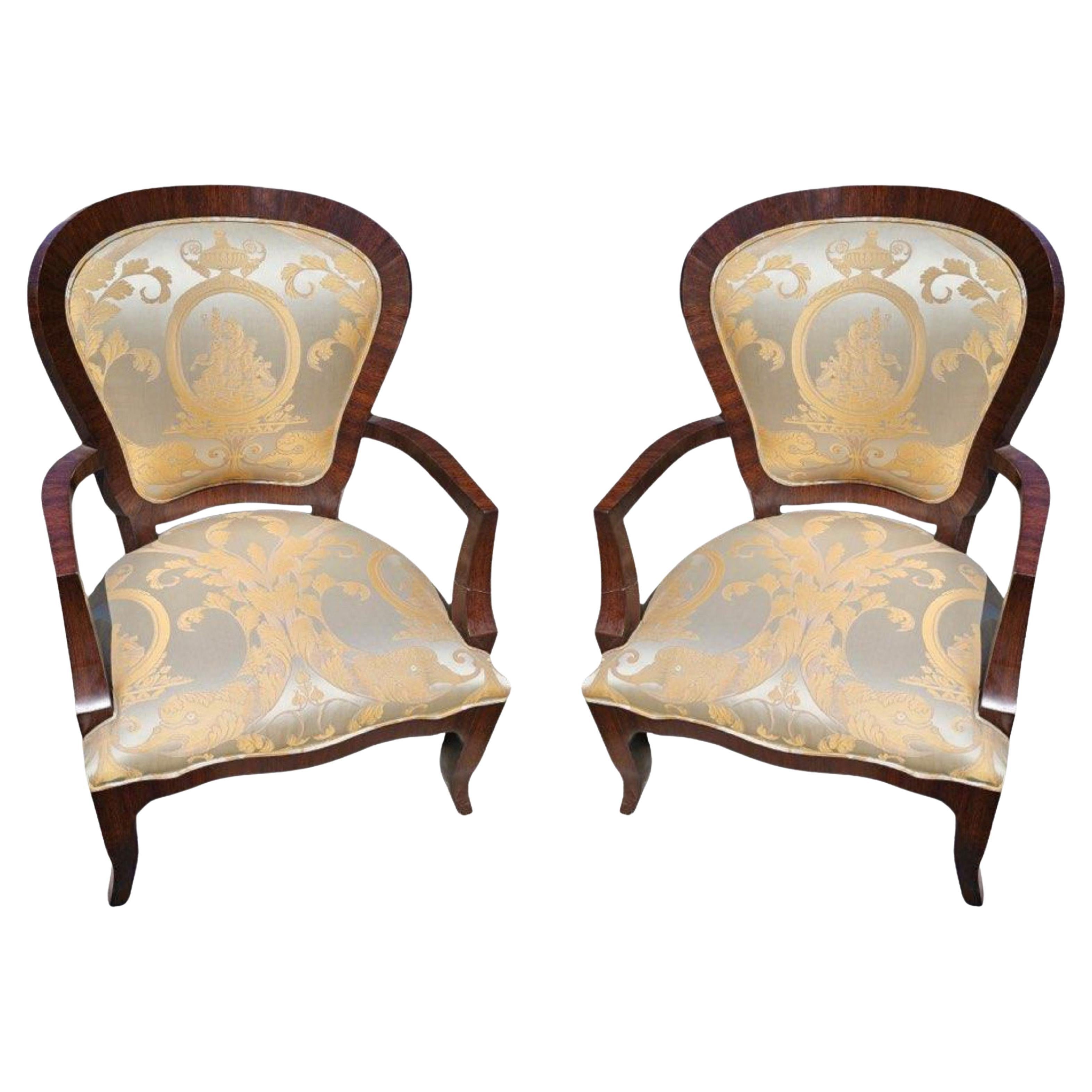 1800s Pair Ornate Dark Mahogany Armchairs Silk Upholstery