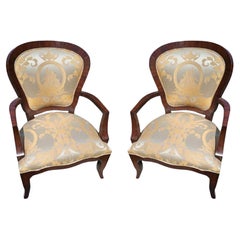 1800s Pair Ornate Dark Mahogany Armchairs Silk Upholstery