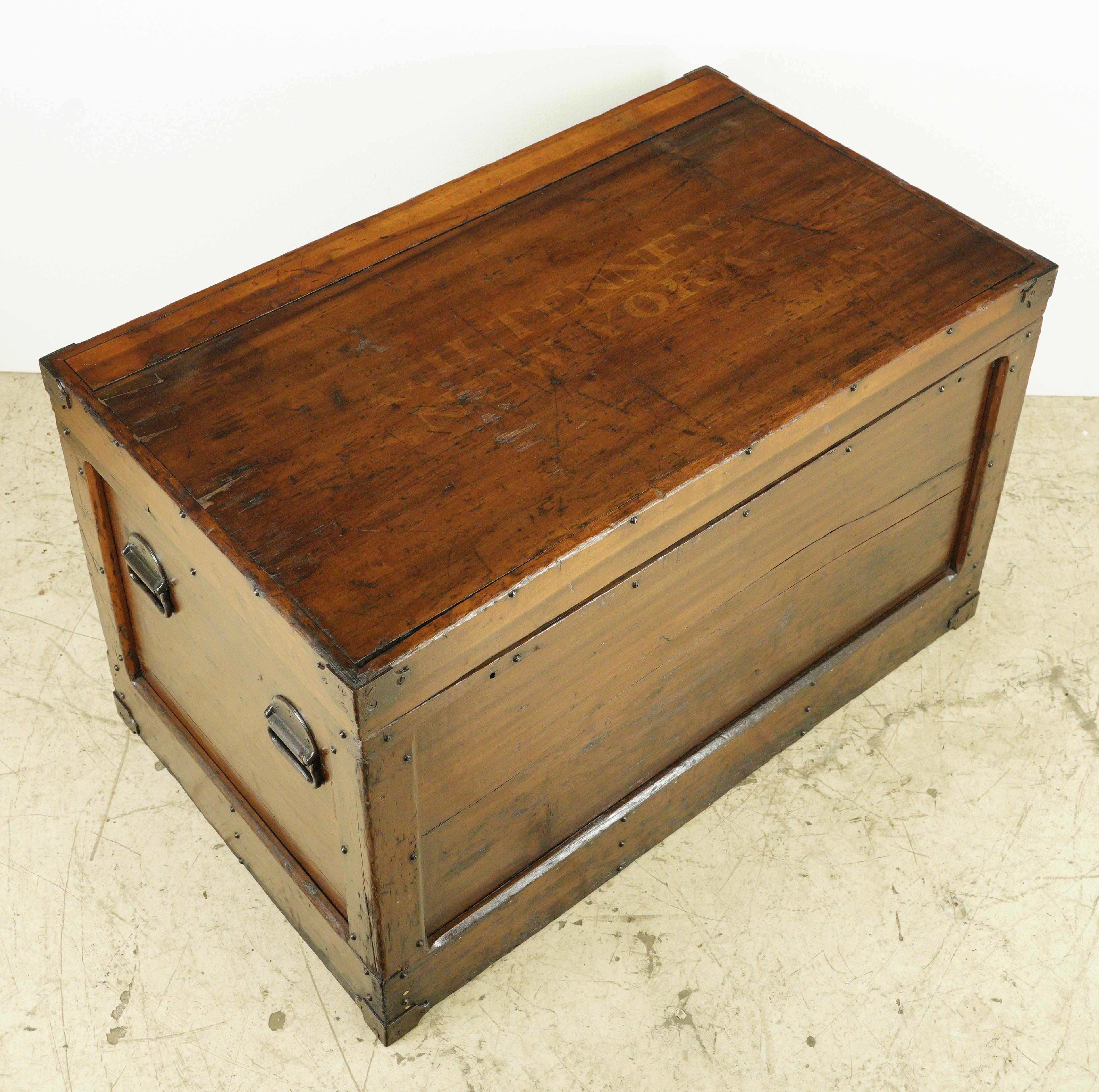 1800s Pine C.H. Tenney Trunk with Leather Straps For Sale 2