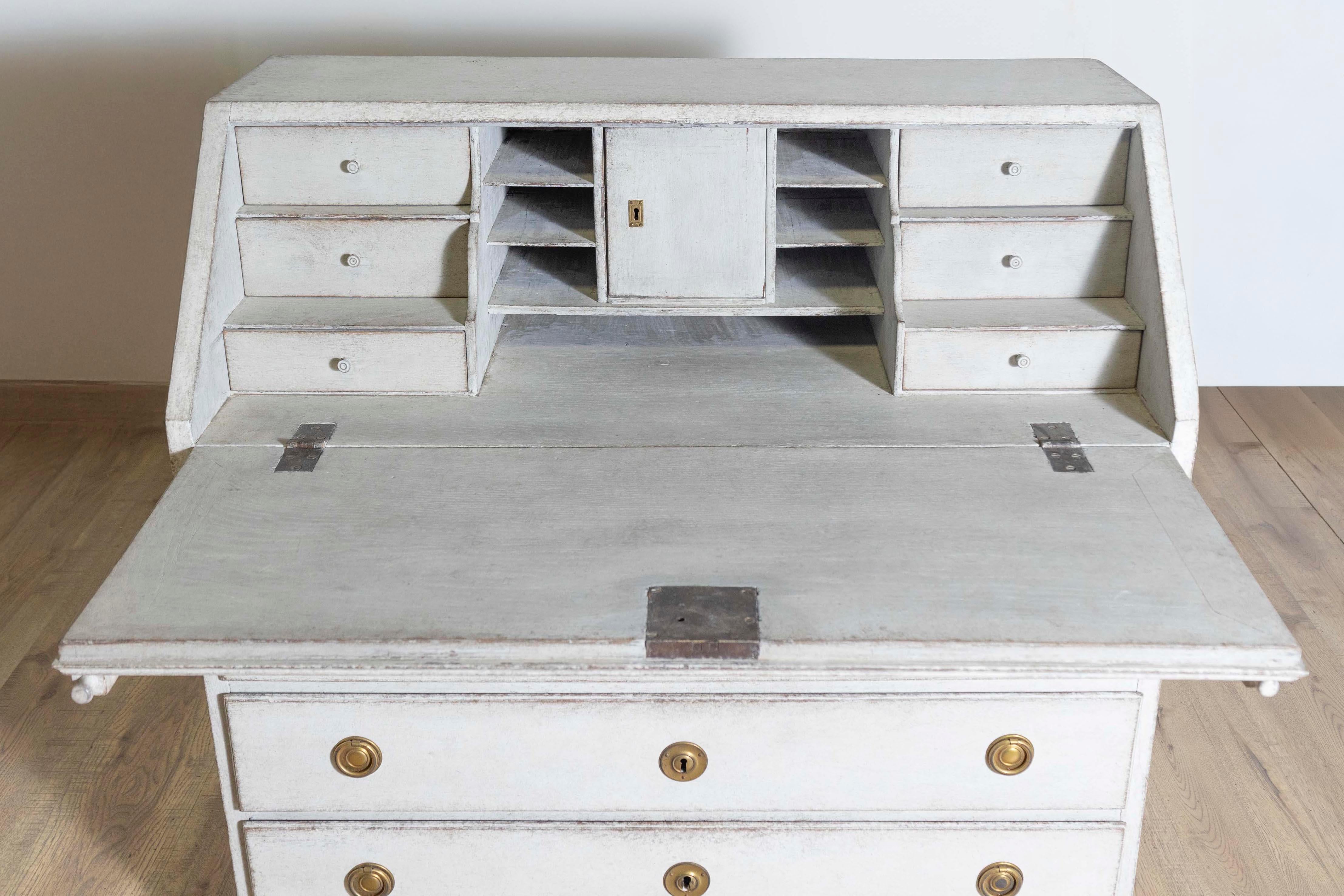 Carved 1800s Scandinavian Light Painted Slant-Front Secretary with Multiple Drawers