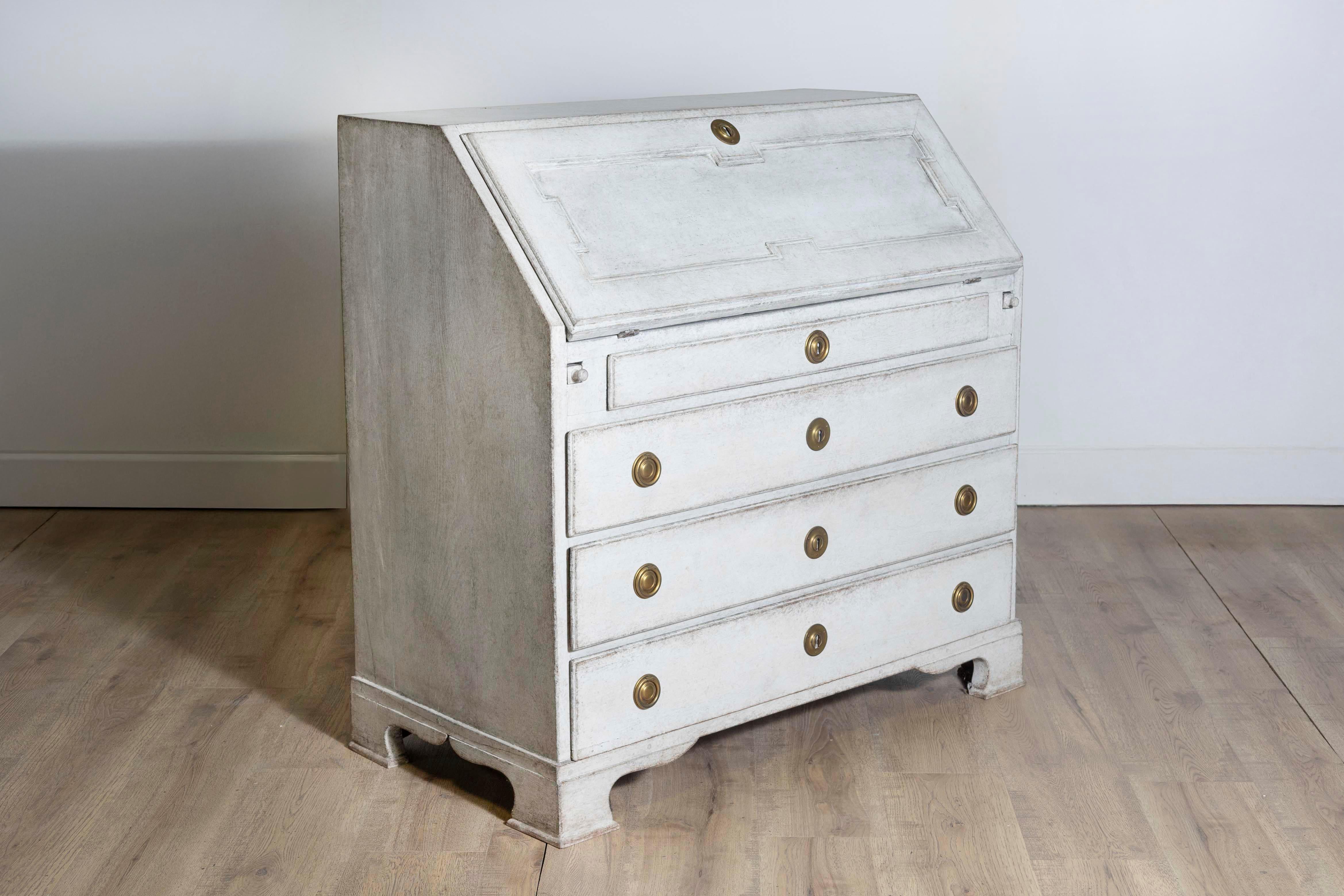 Wood 1800s Scandinavian Light Painted Slant-Front Secretary with Multiple Drawers