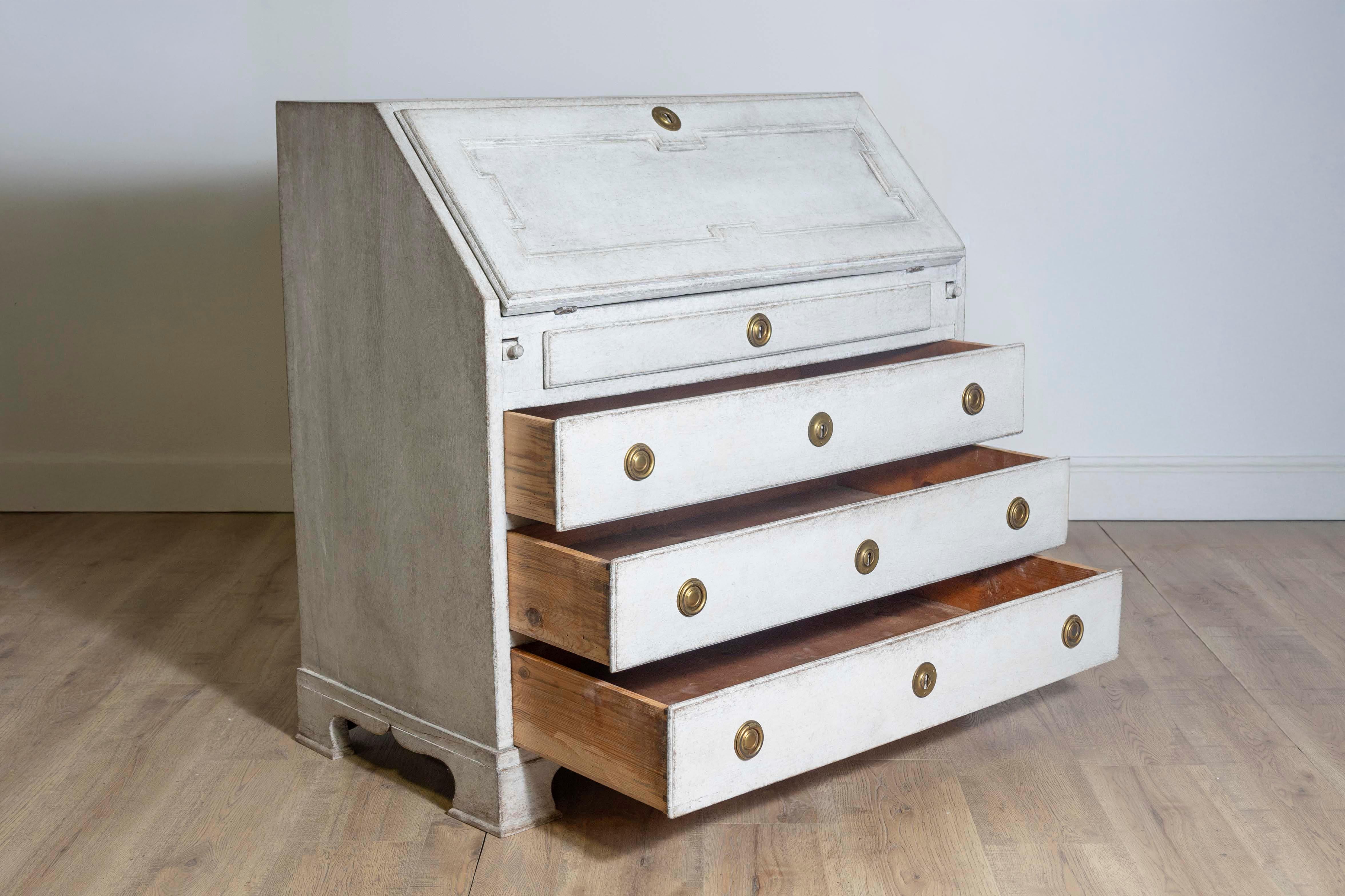 1800s Scandinavian Light Painted Slant-Front Secretary with Multiple Drawers 1