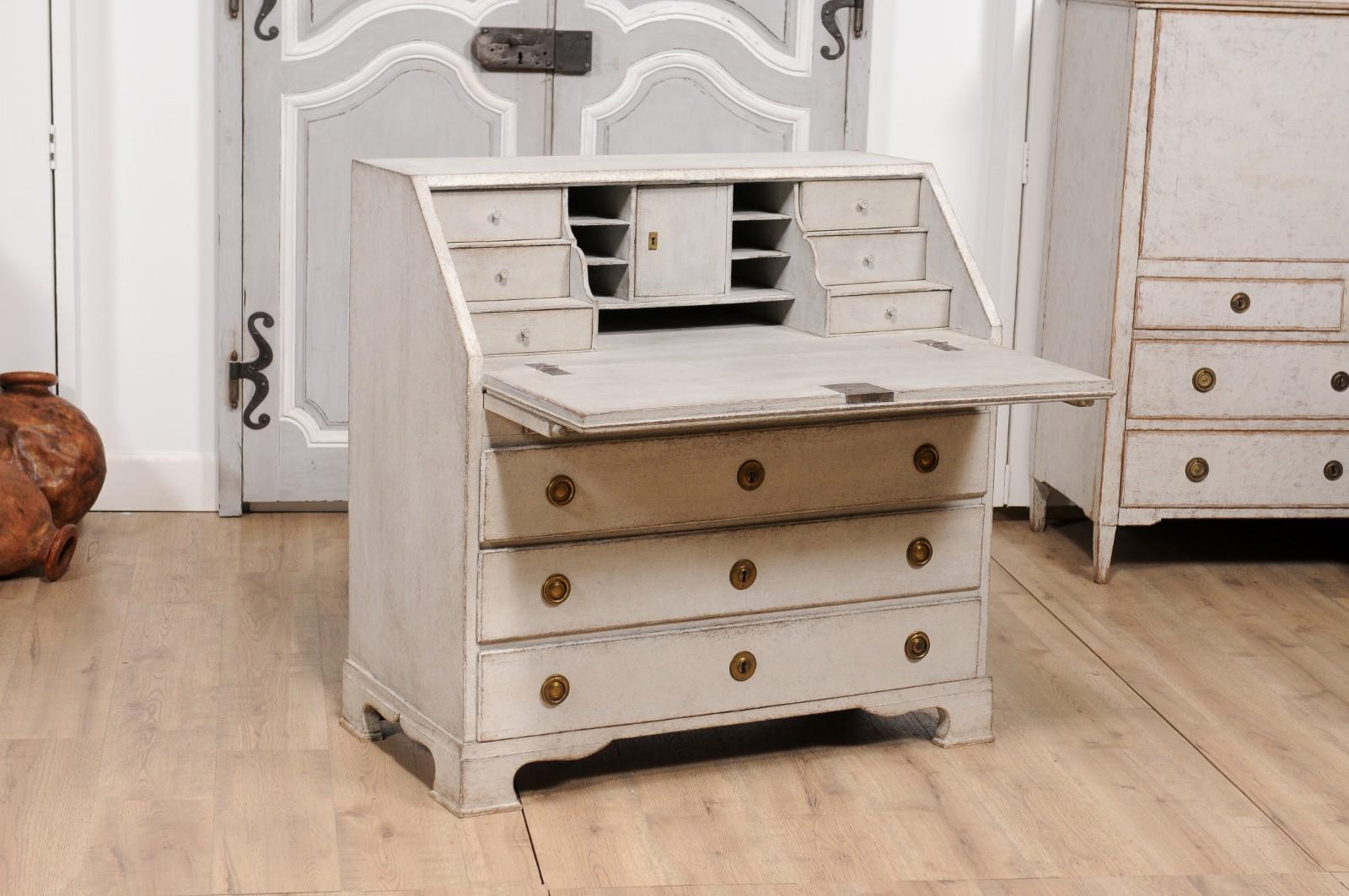1800s Scandinavian Light Painted Slant-Front Secretary with Multiple Drawers For Sale 2