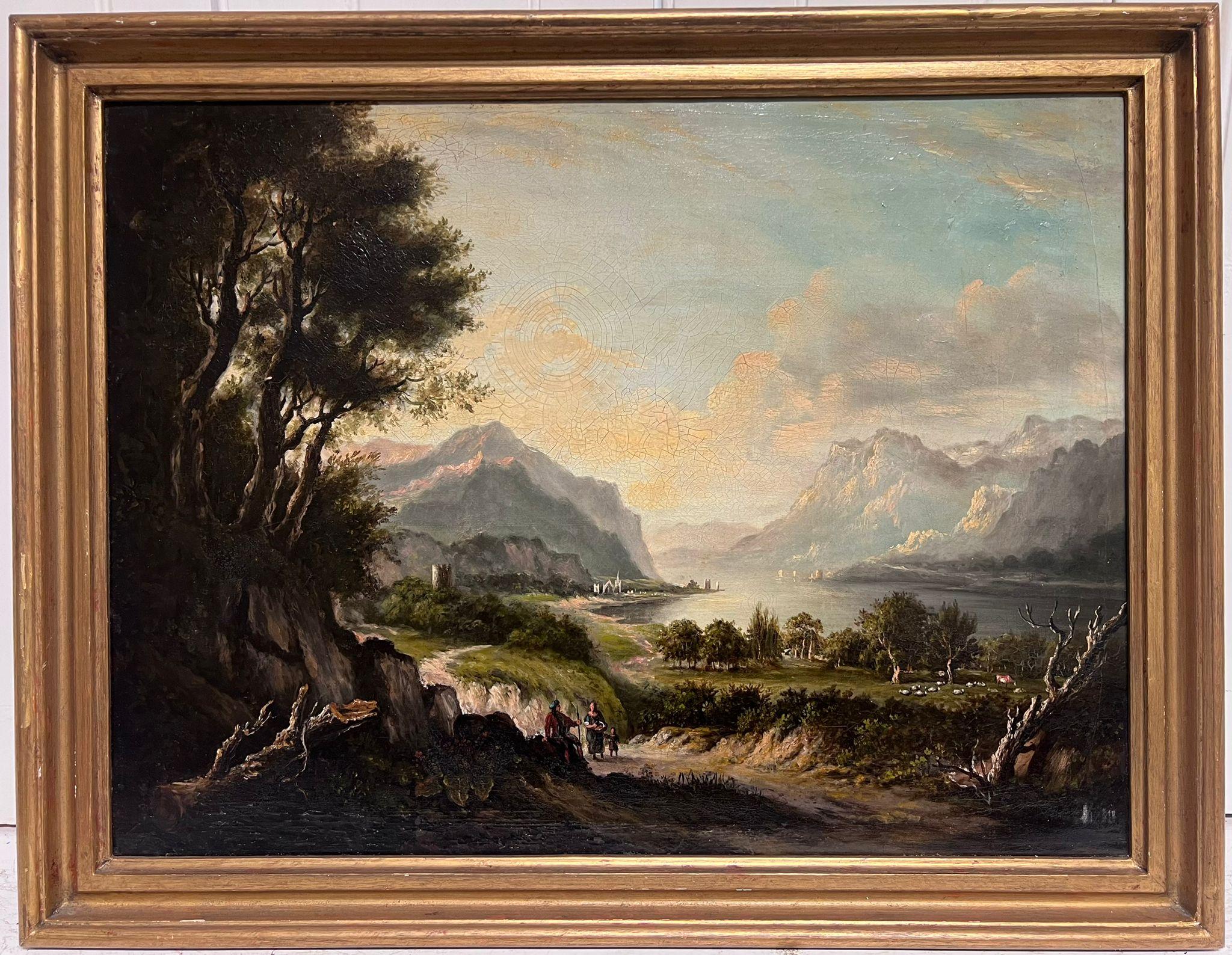 Grande paesaggio delle Highlands scozzesi, figure e animali Majestic Mountains & Loch - Painting di 1800's Scottish Artist