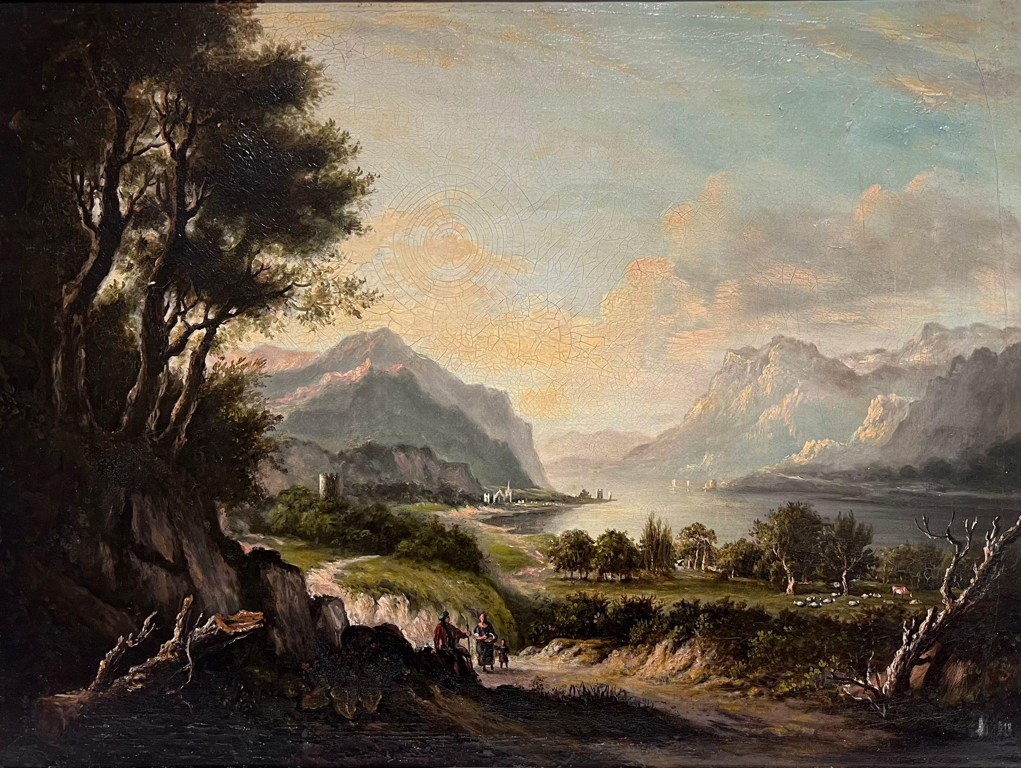 Grande paesaggio delle Highlands scozzesi, figure e animali Majestic Mountains & Loch - Painting Vittoriano di 1800's Scottish Artist