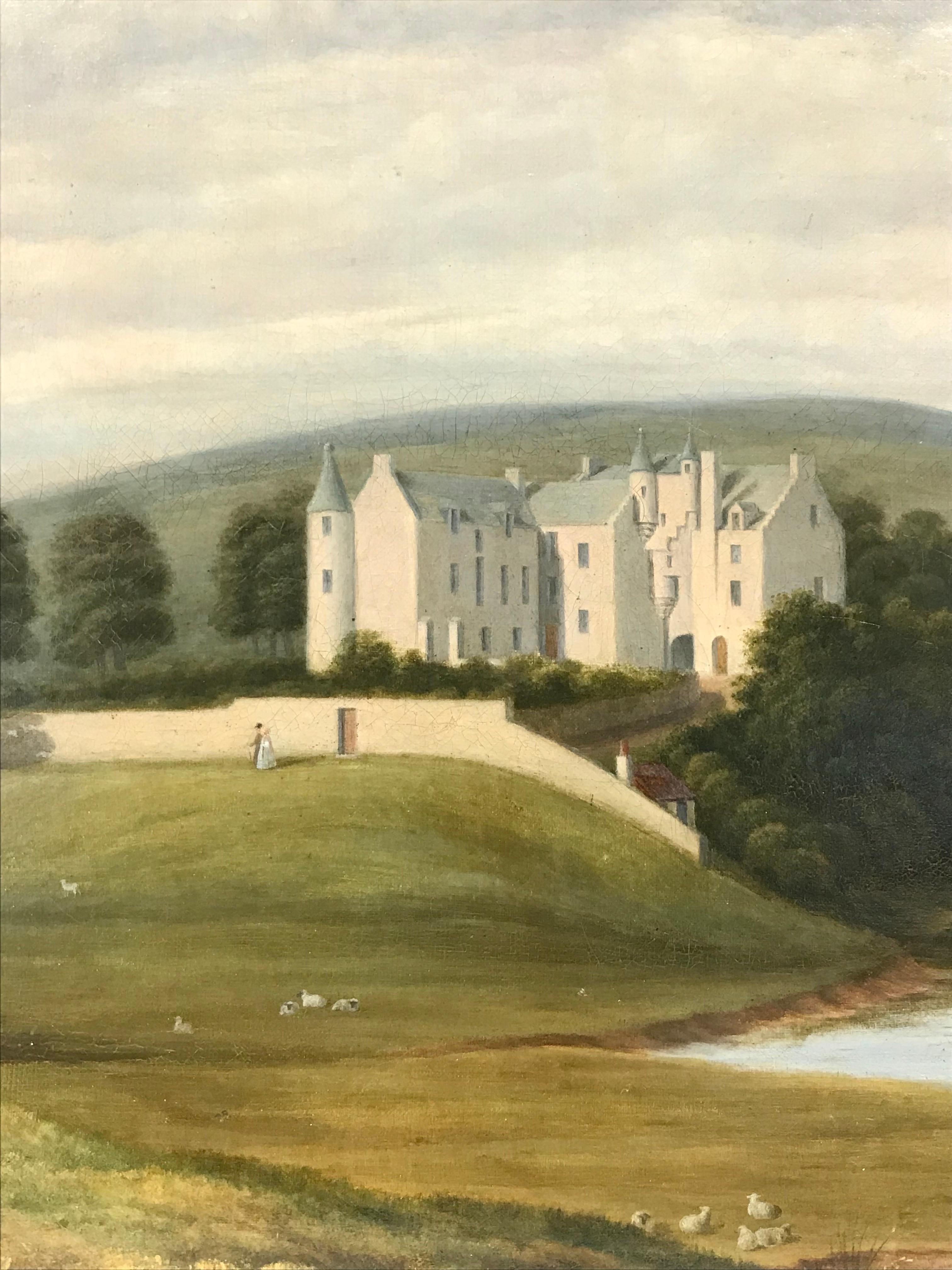 Artist/ School: Scottish School, early 19th century

Title: a large panoramic Scottish landscape, with ancient castle standing to the centre, with various figures enjoying the landscape, as well as an angler to the river and sheep grazing to the