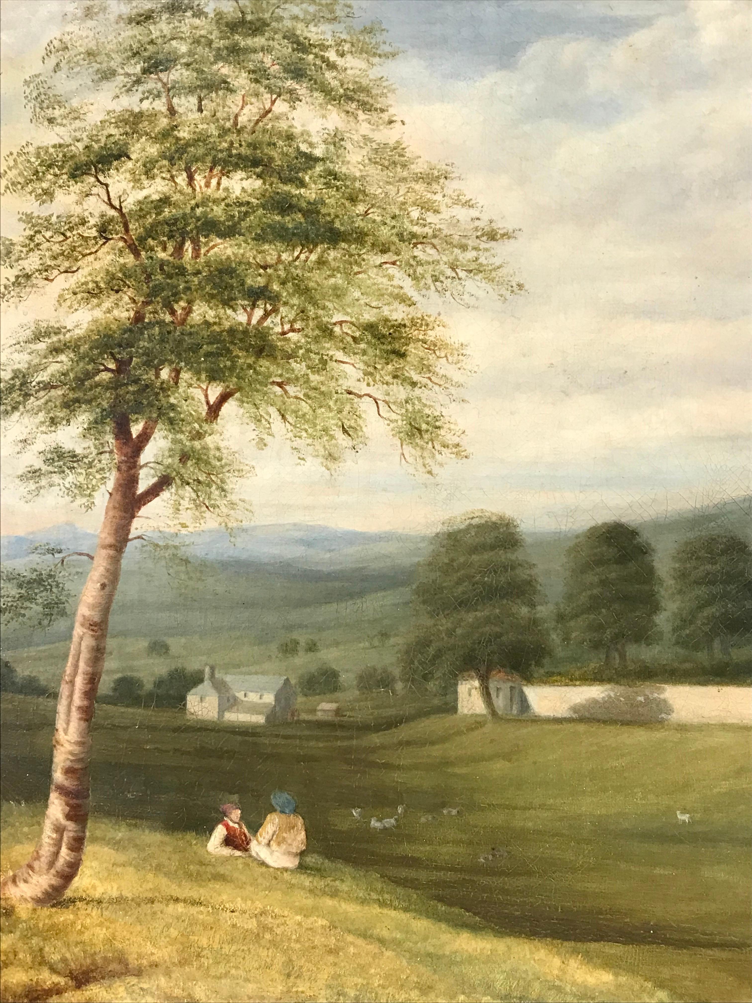 Fine Early 1800's Scottish Pastoral Landscape Ancient Castle Figures & Sheep For Sale 1