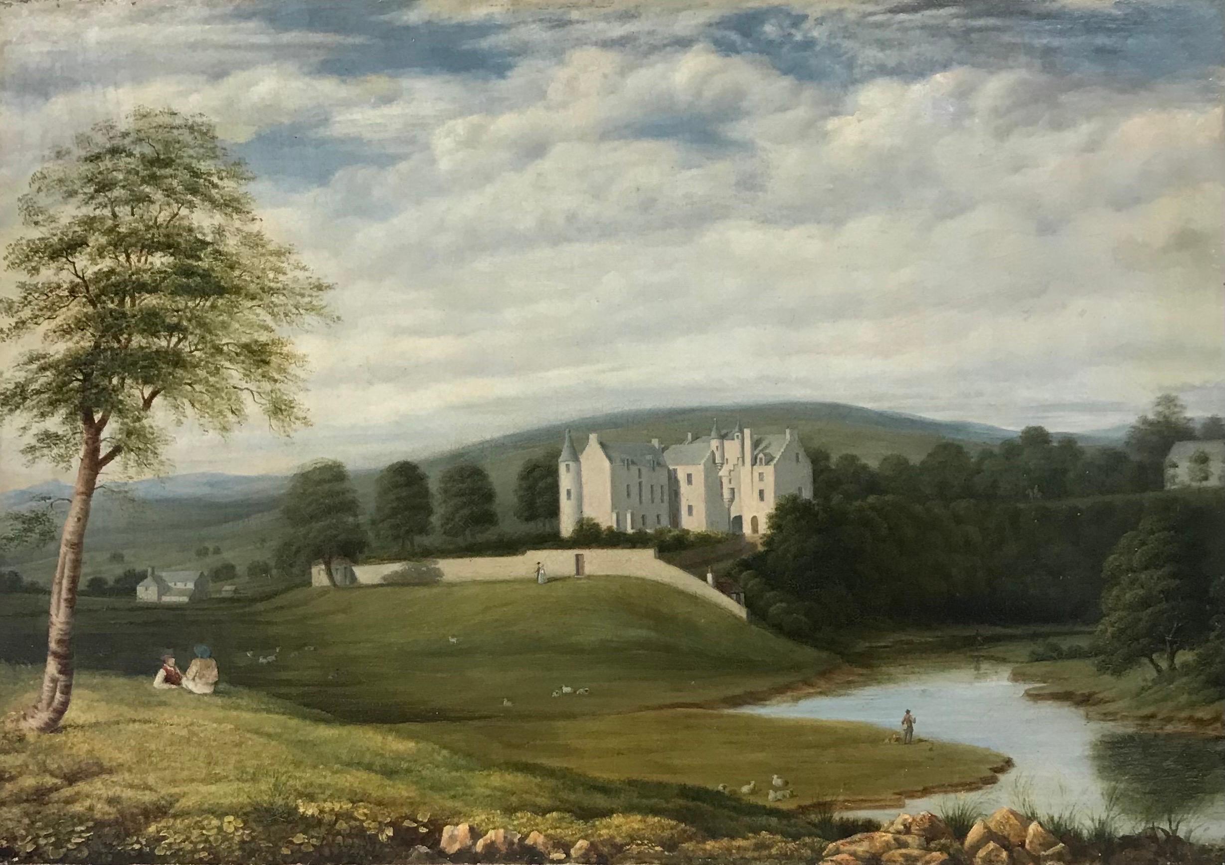Fine Early 1800's Scottish Pastoral Landscape Ancient Castle Figures & Sheep