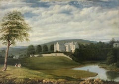 Belles figurines de château et de moutons écossais du début des années 1800 - Paysage pastoral ancien