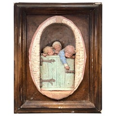 1800s Signed Graillon Painted Terracotta Relief Sculpture Naughty Children
