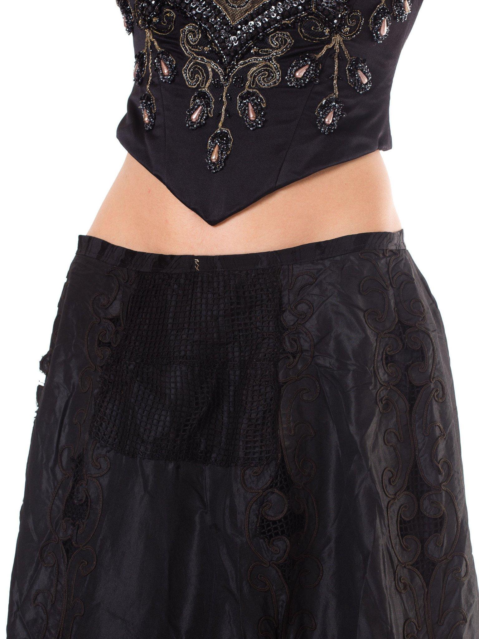 Women's 1800S Black Victorian Silk & Lace Tiered Skirt With Appliqués For Sale