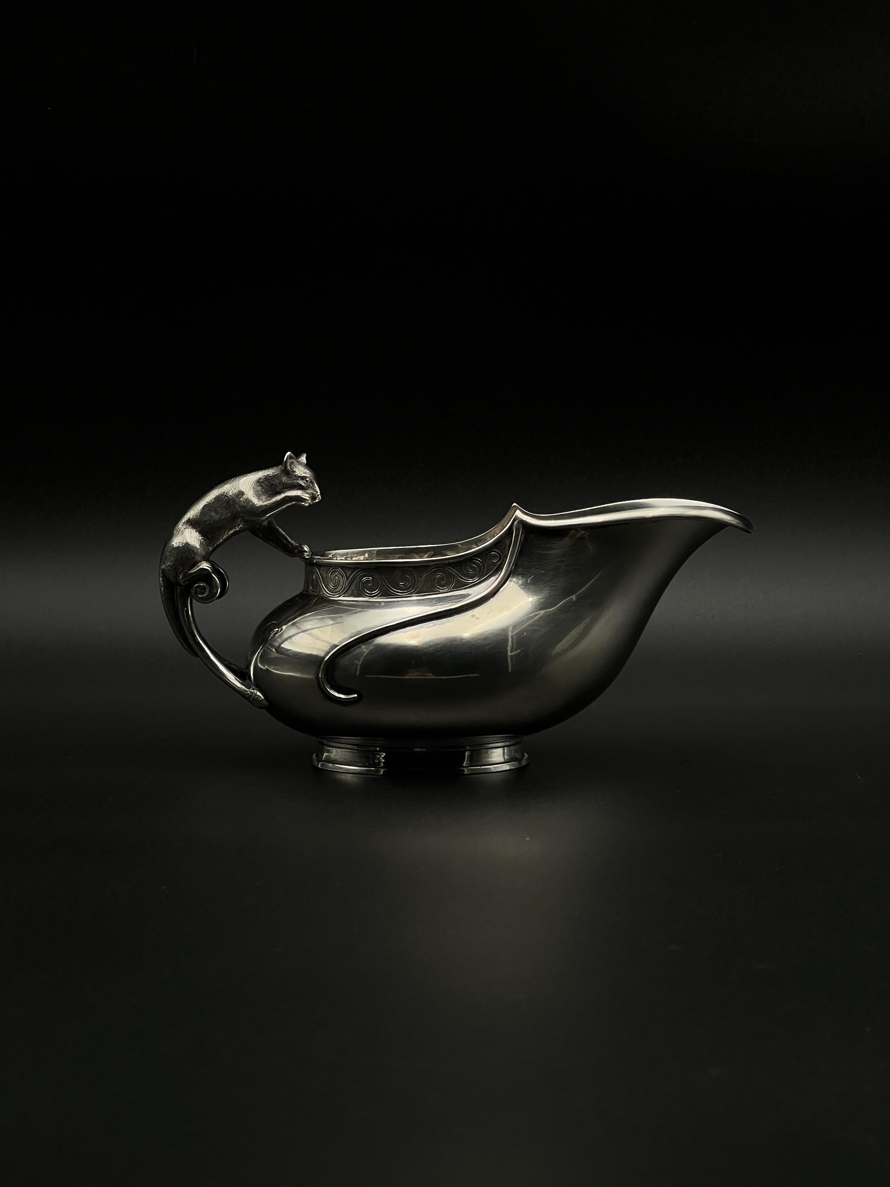 Barattolo per Sauce in argento con manico CAT del 1800 di DRAGSTED per Simon Groth, Danimarca In condizioni discrete in vendita a Skien, NO