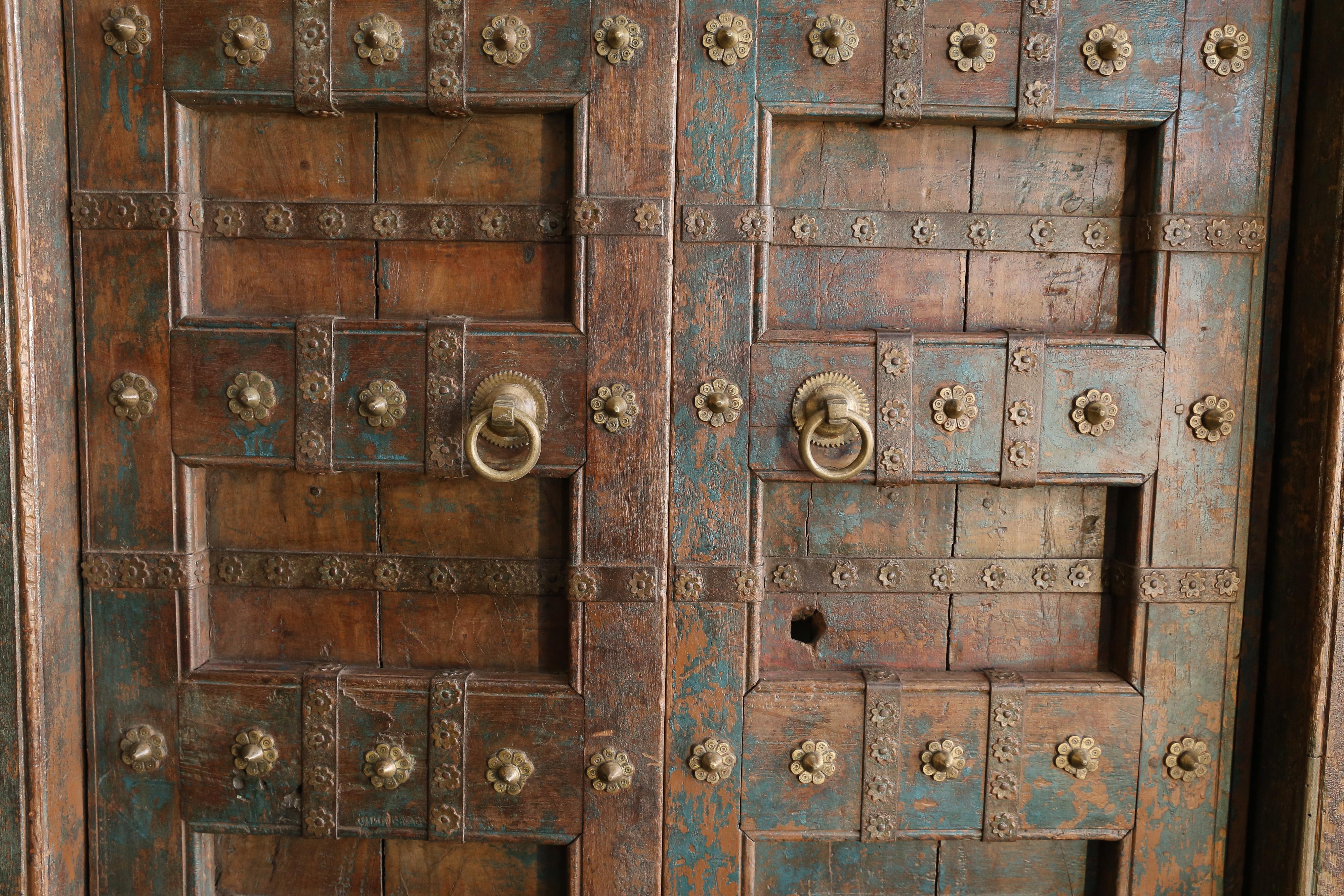 Indian 1800s Solid Teak Wood Meticulously Handcrafted Temple Entry Doors