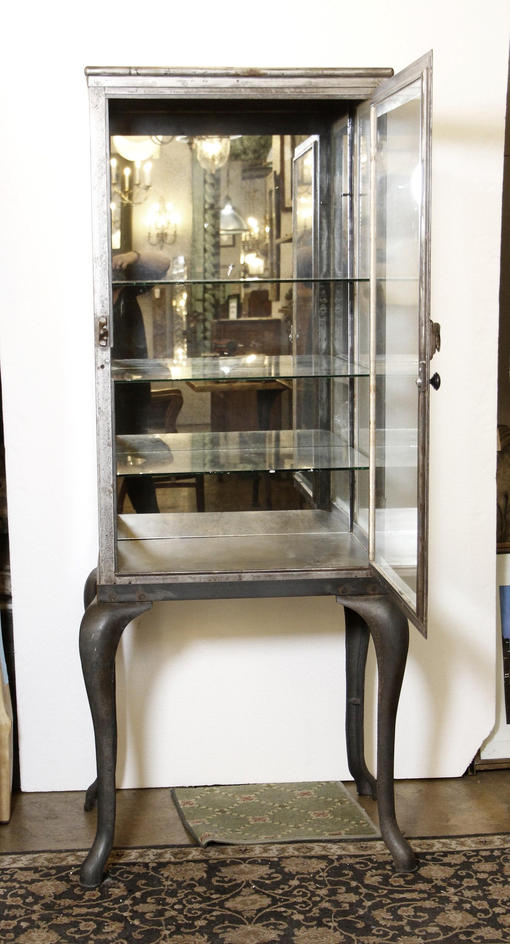 Industrial 1800s Steel Medical Dental Cabinet Cabriole Legs Mirror Back Three Glass Shelves
