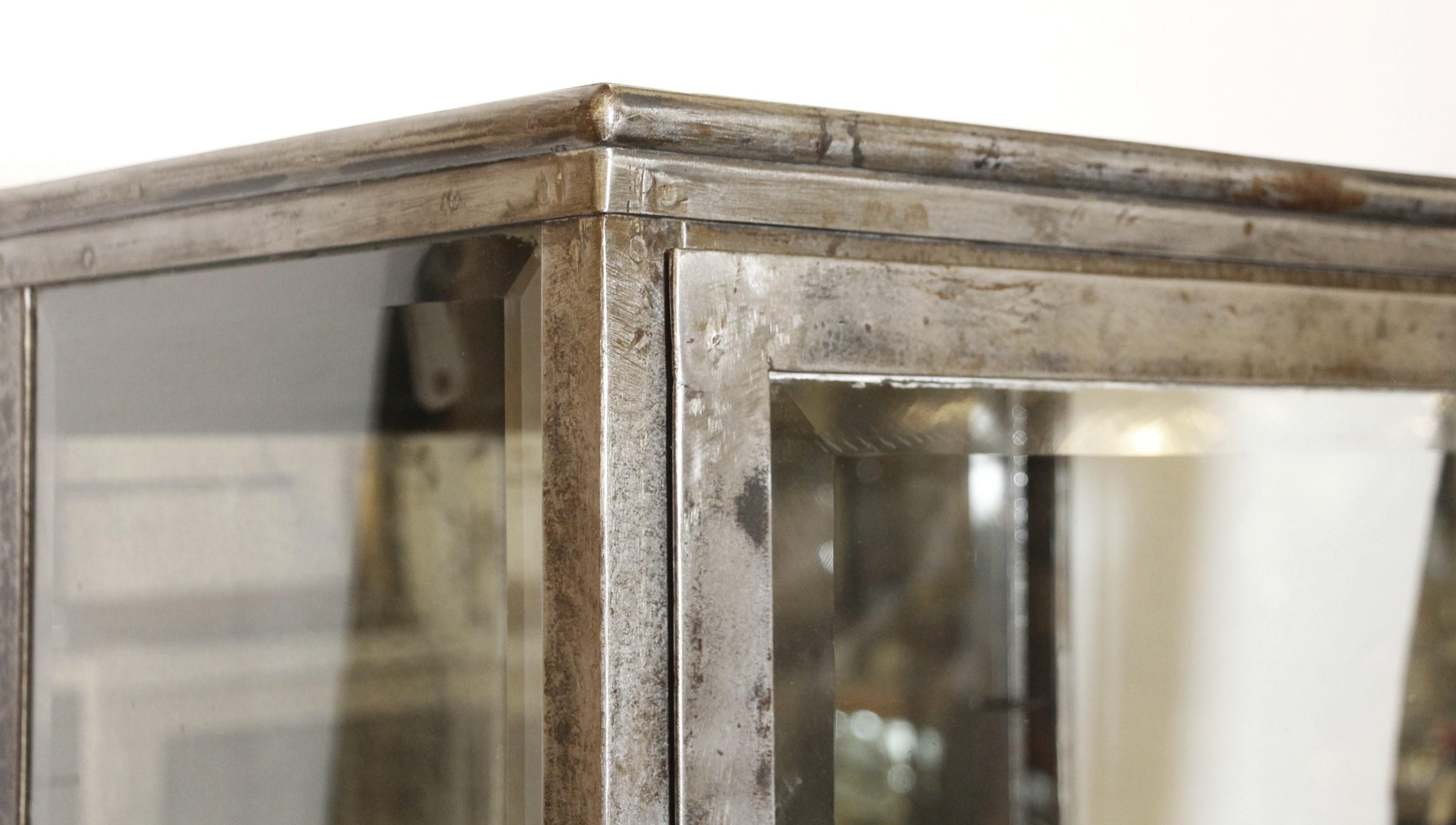 Beveled 1800s Steel Medical Dental Cabinet Cabriole Legs Mirror Back Three Glass Shelves