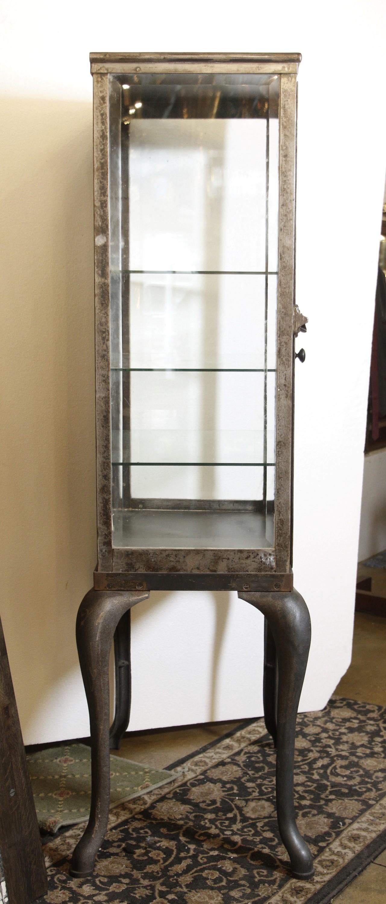 1800s Steel Medical Dental Cabinet Cabriole Legs Mirror Back Three Glass Shelves 2