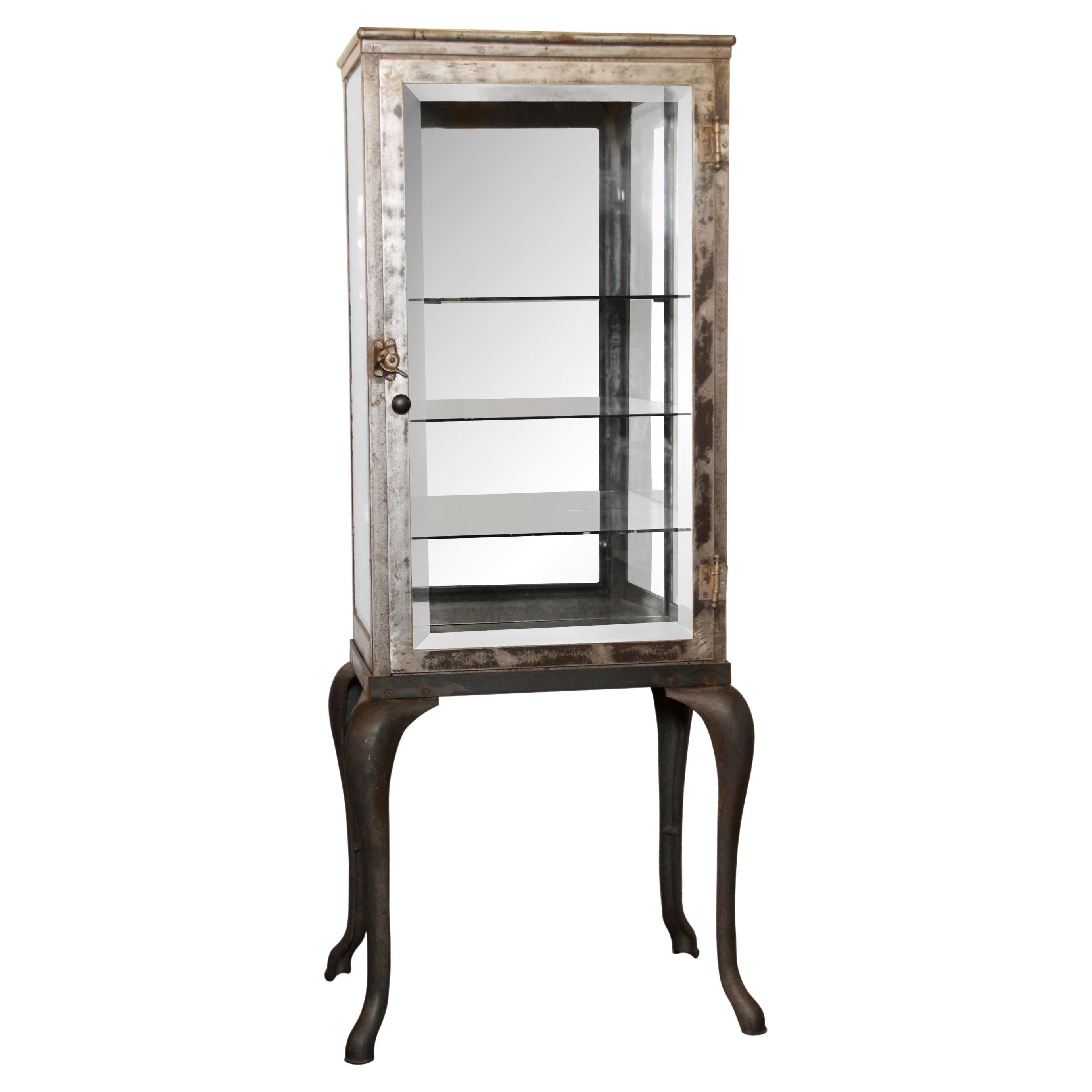 1800s Steel Medical Dental Cabinet Cabriole Legs Mirror Back Three Glass Shelves