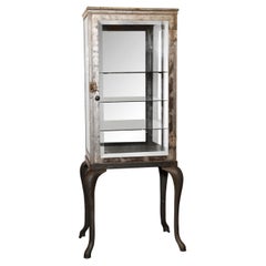 Antique 1800s Steel Medical Dental Cabinet Cabriole Legs Mirror Back Three Glass Shelves