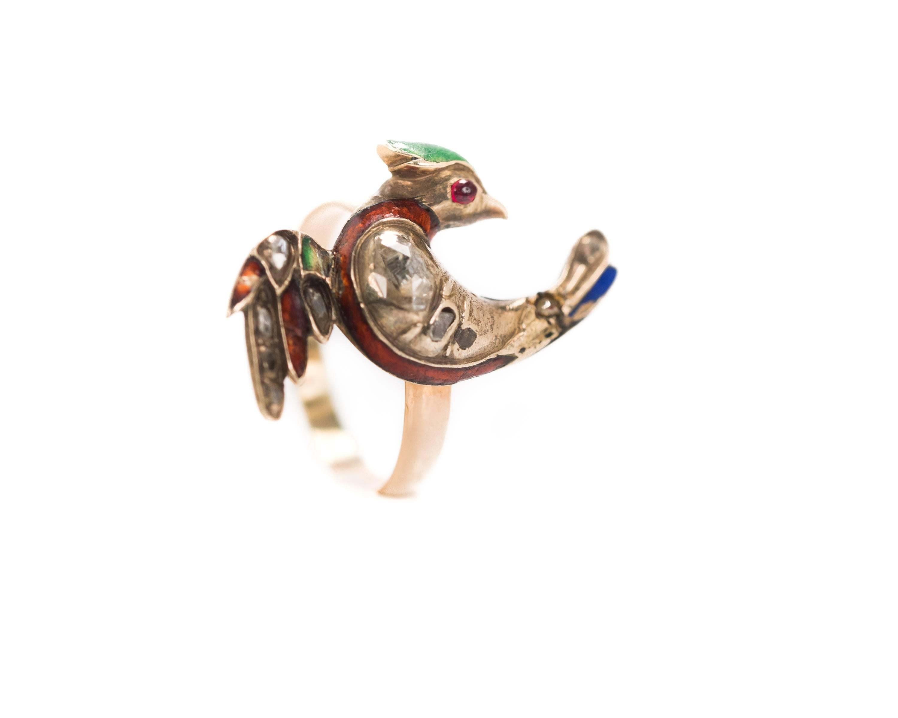 Tudor 1800s Victorian Bird Ring with Rose Cut Diamonds in 18K, 14K Gold and Enamel