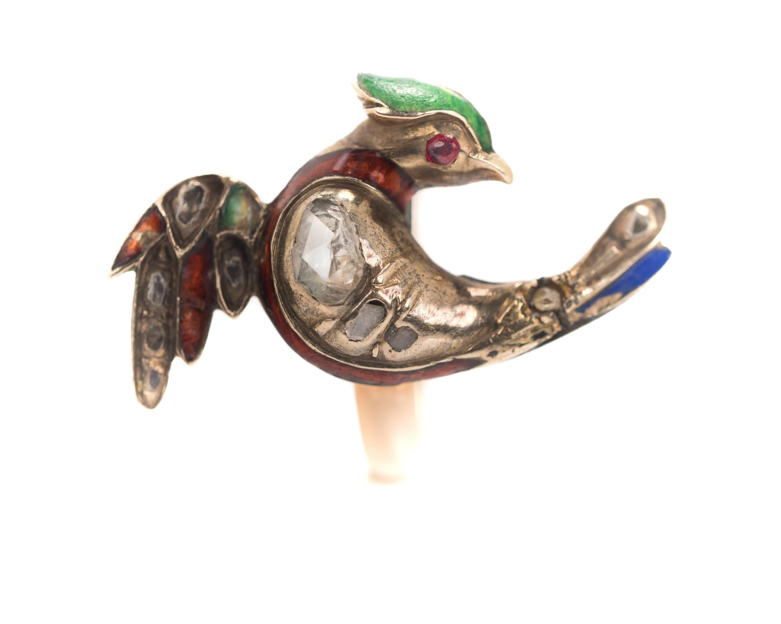 1800s Victorian Bird Ring with Rose Cut Diamonds in 18K, 14K Gold and Enamel 1