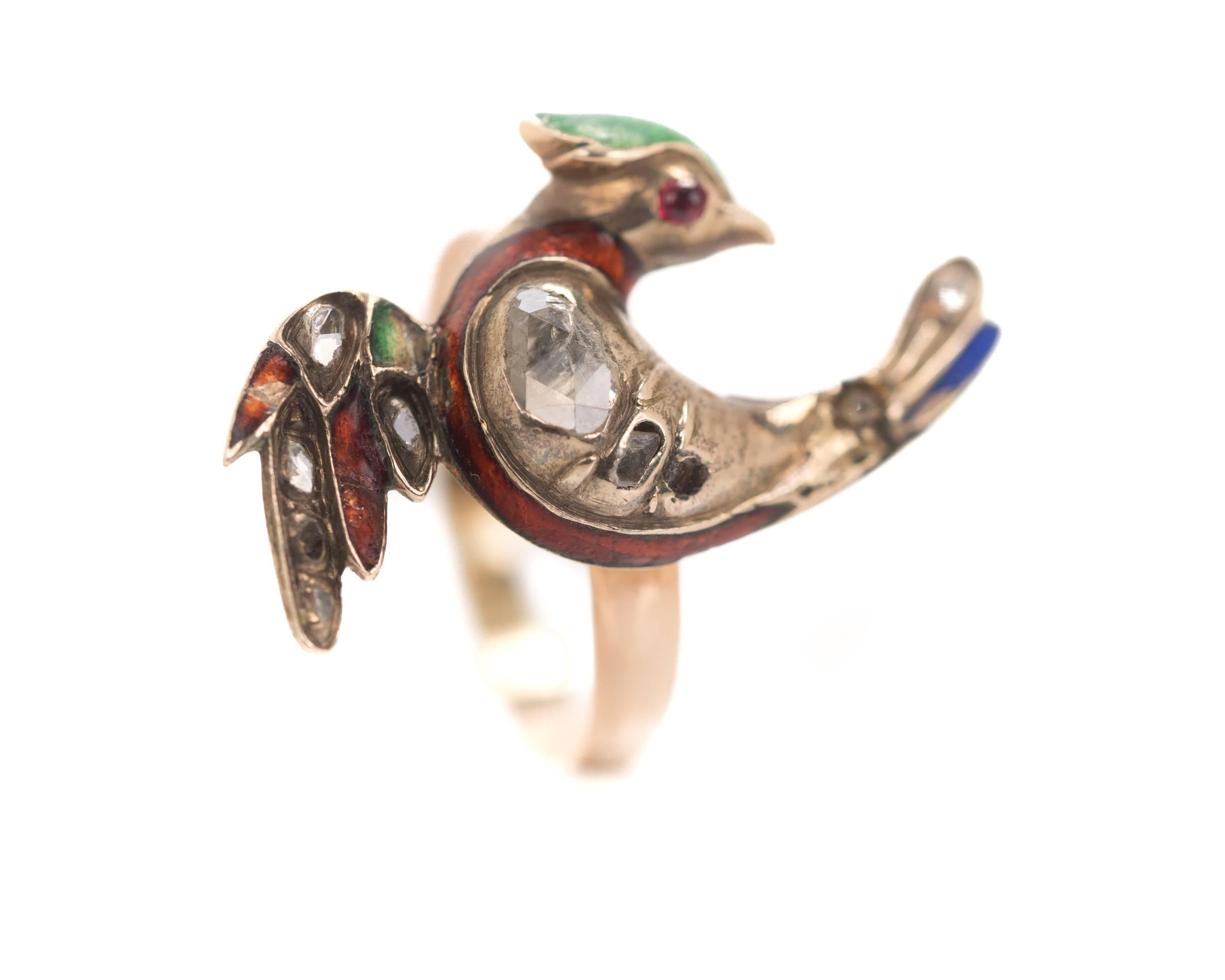 1800s Victorian Bird Ring with Rose Cut Diamonds in 18K, 14K Gold and Enamel 2