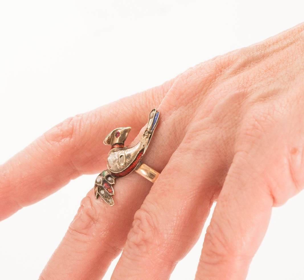 1800s Victorian Bird Ring with Rose Cut Diamonds in 18K, 14K Gold and Enamel 3