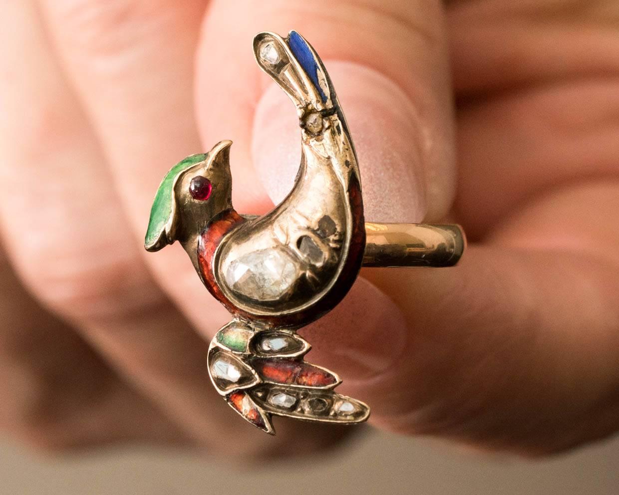1800s Victorian Bird Ring with Rose Cut Diamonds in 18K, 14K Gold and Enamel 4
