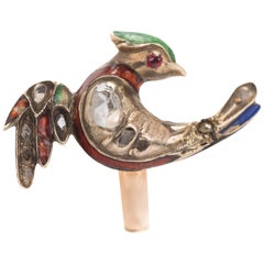 1800s Victorian Bird Ring with Rose Cut Diamonds in 18K, 14K Gold and Enamel